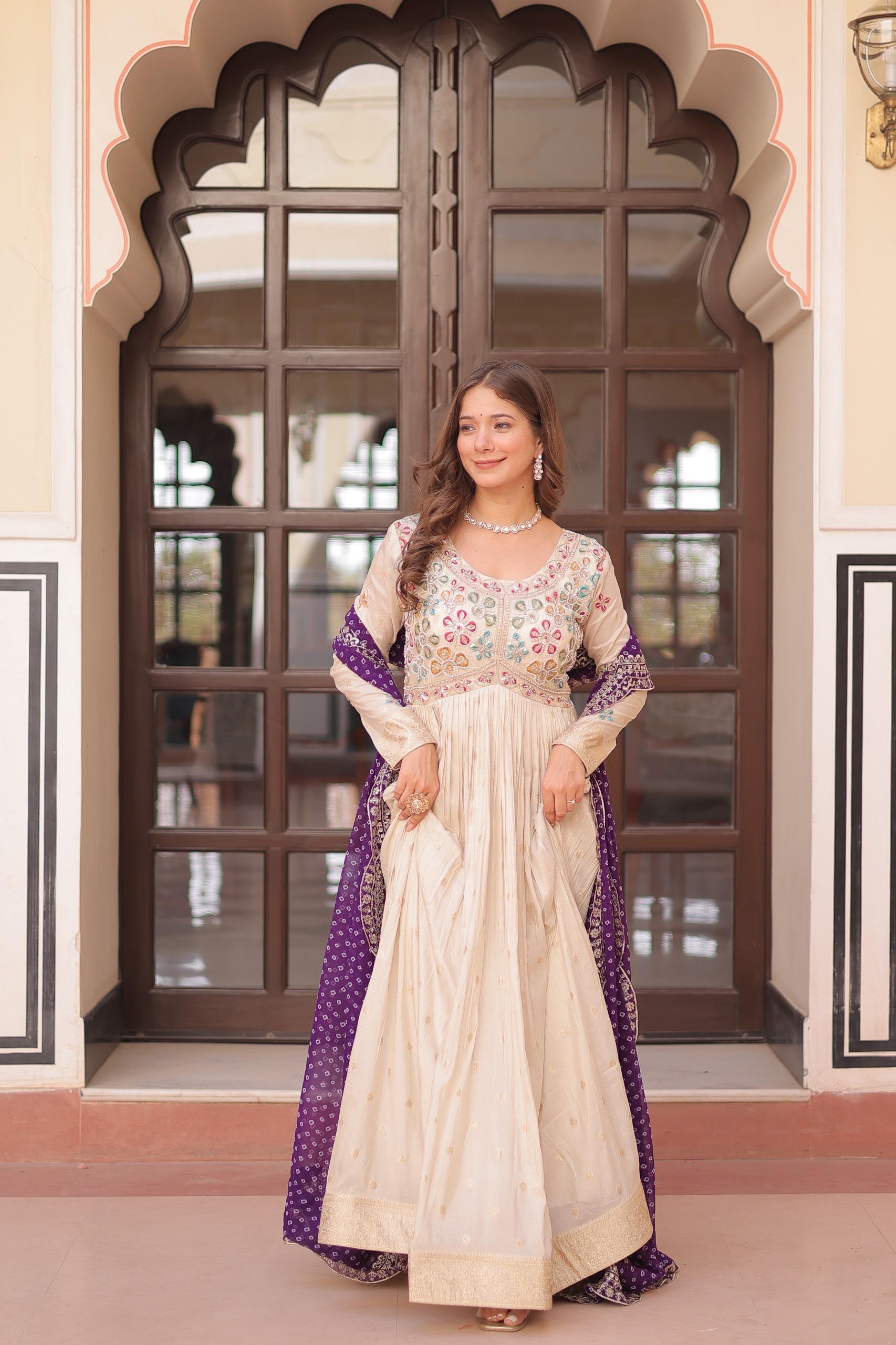 Womenline Off-White Color Jacquard Gown With Purple Dupatta