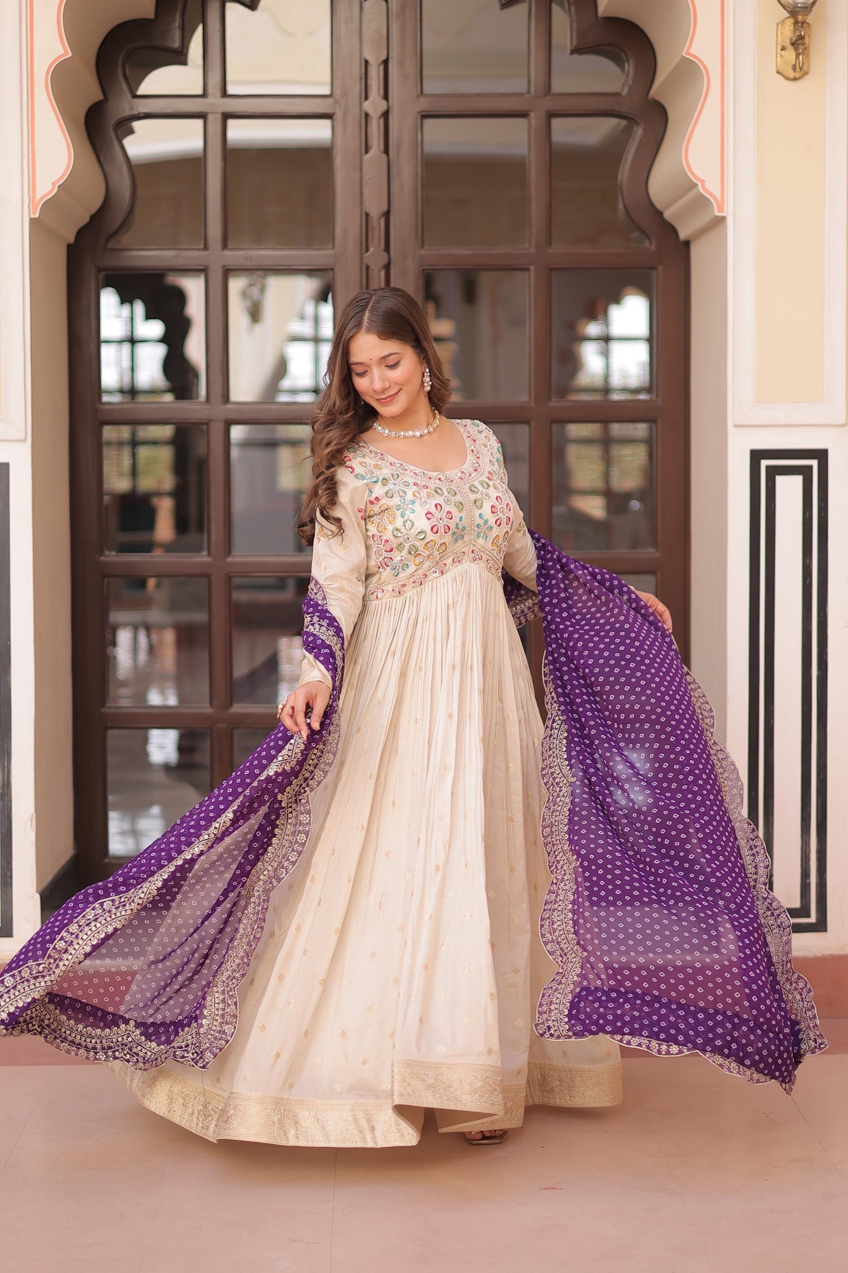 Womenline Off-White Color Jacquard Gown With Purple Dupatta