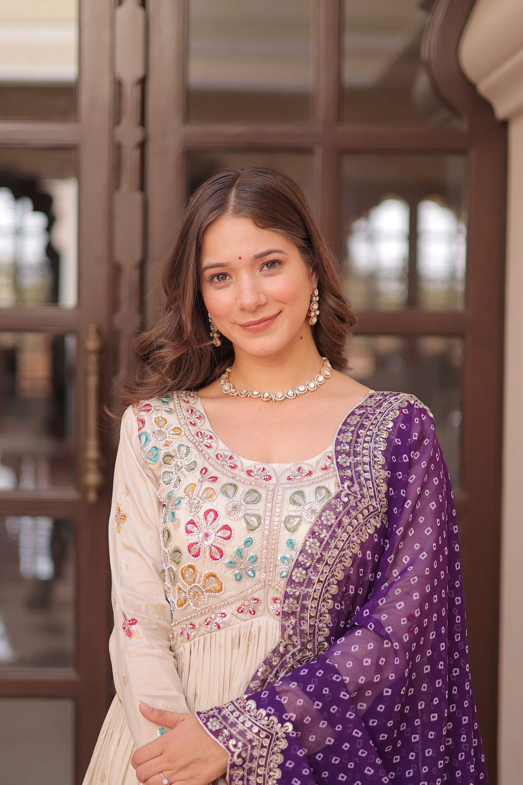 Womenline Off-White Color Jacquard Gown With Purple Dupatta