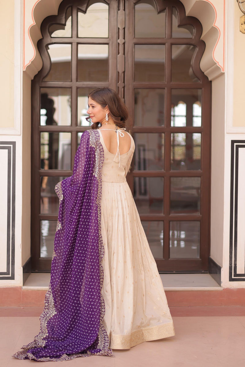 Womenline Off-White Color Jacquard Gown With Purple Dupatta