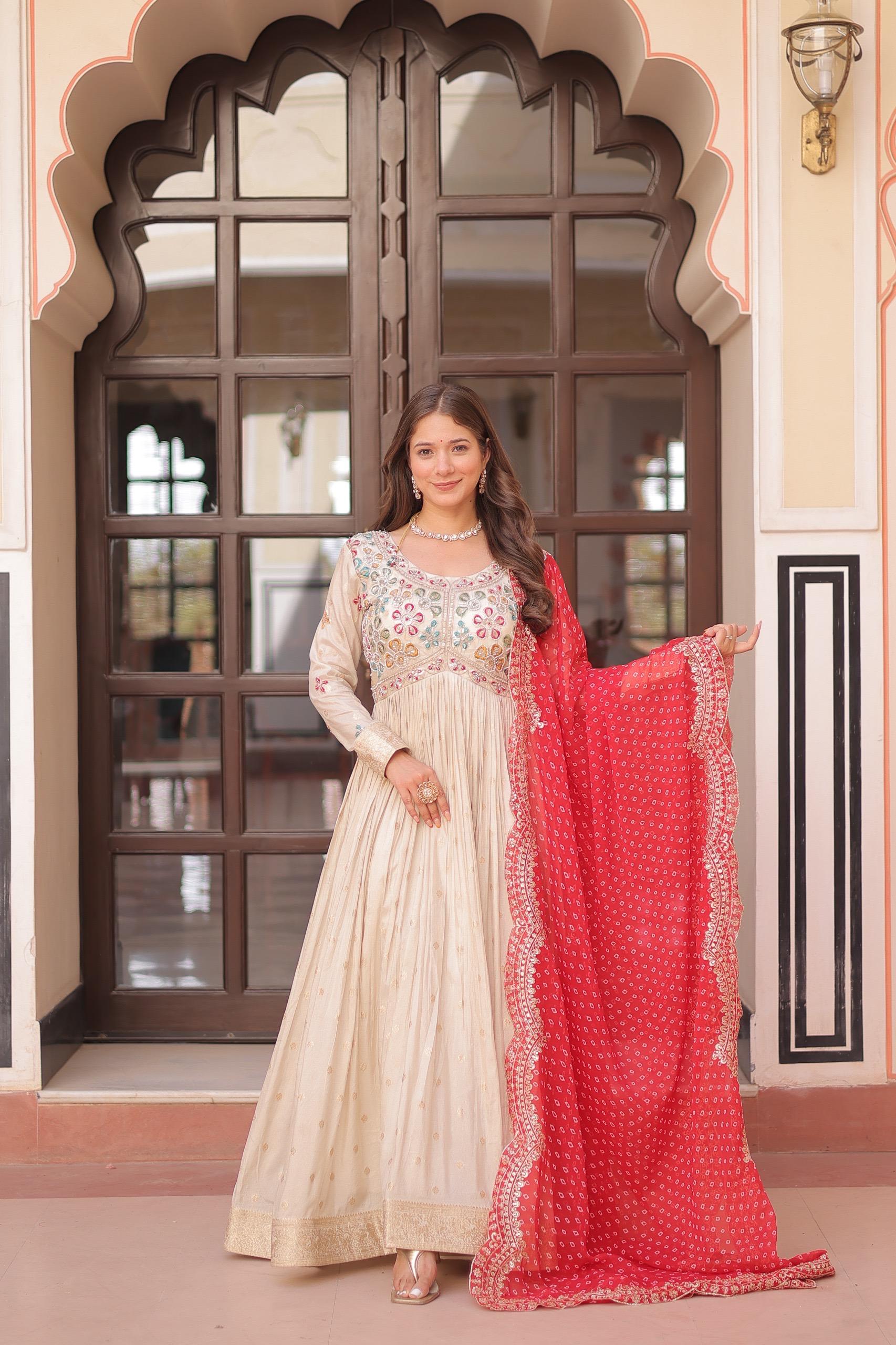 Womenline Off-White Color Jacquard Gown With Red Dupatta