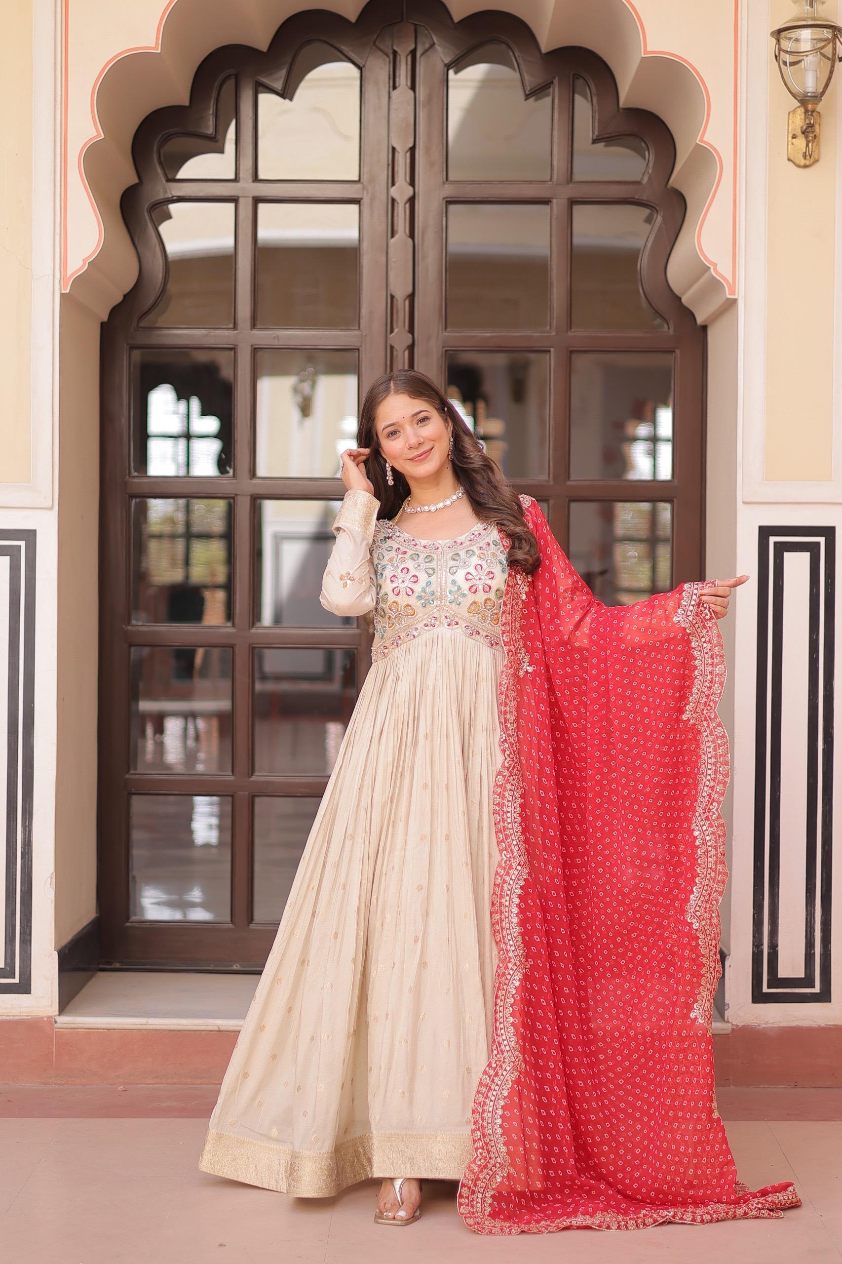 Womenline Off-White Color Jacquard Gown With Red Dupatta