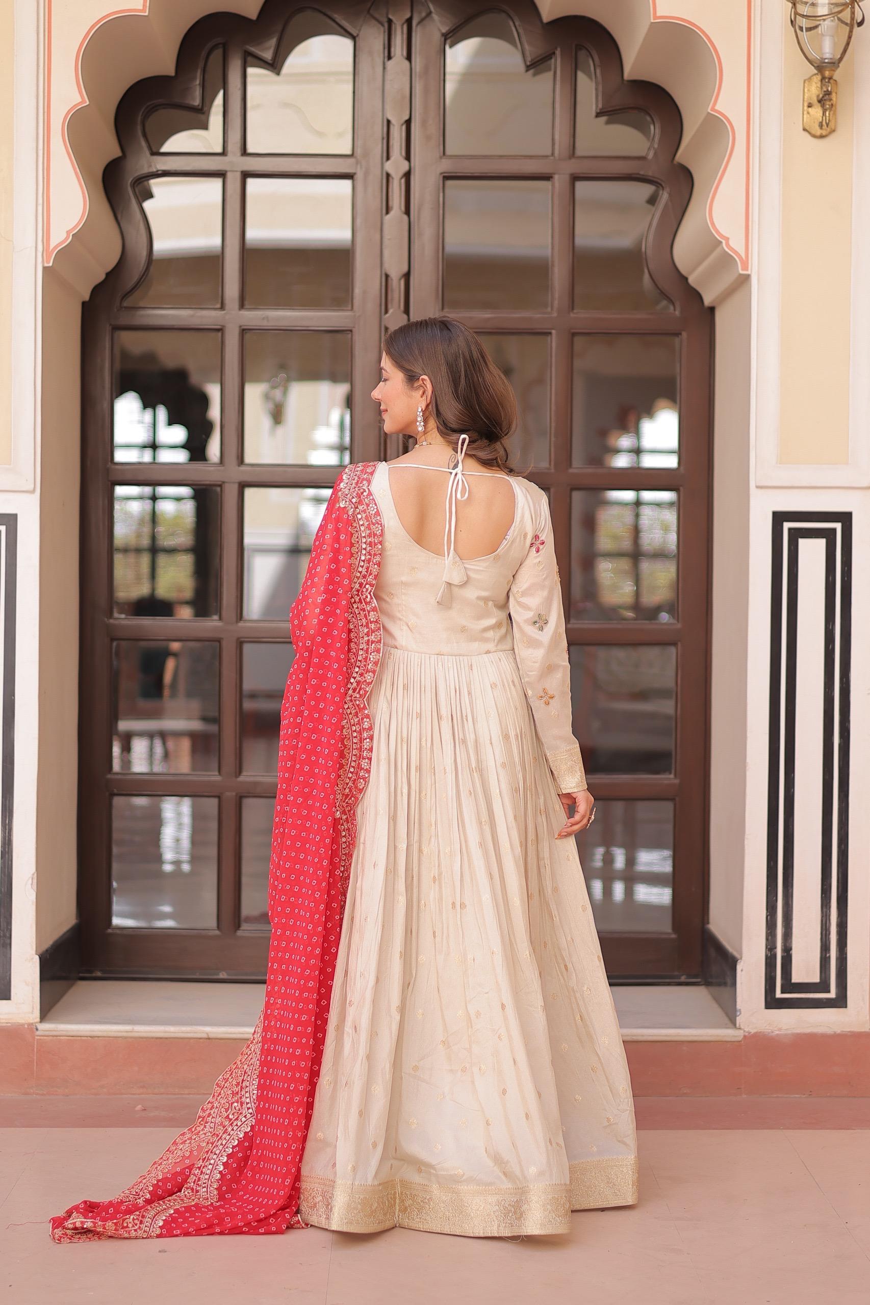 Womenline Off-White Color Jacquard Gown With Red Dupatta