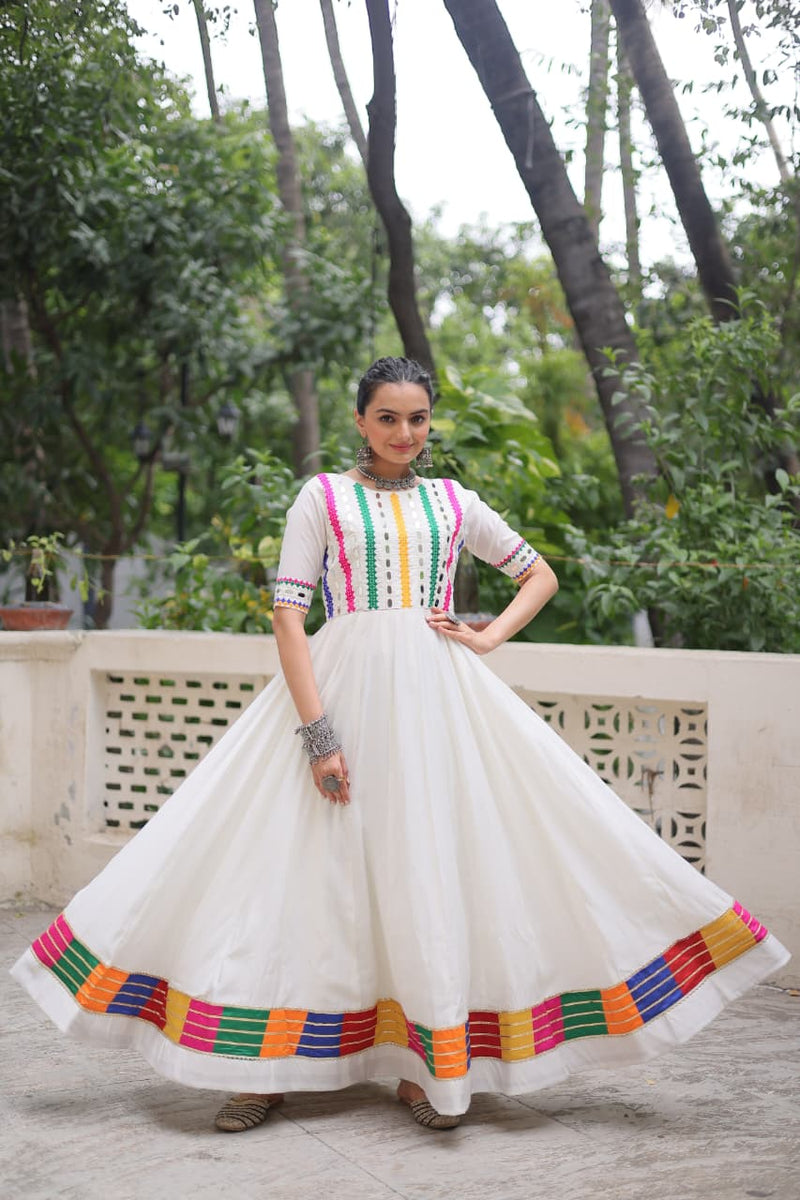 Womenline White Color Roman With Morror Work Navratri Gown