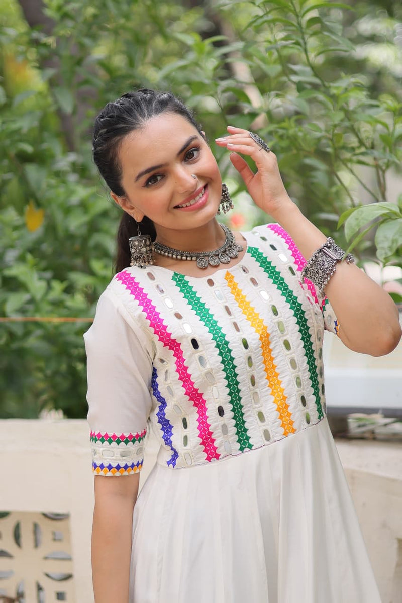 Womenline White Color Roman With Morror Work Navratri Gown