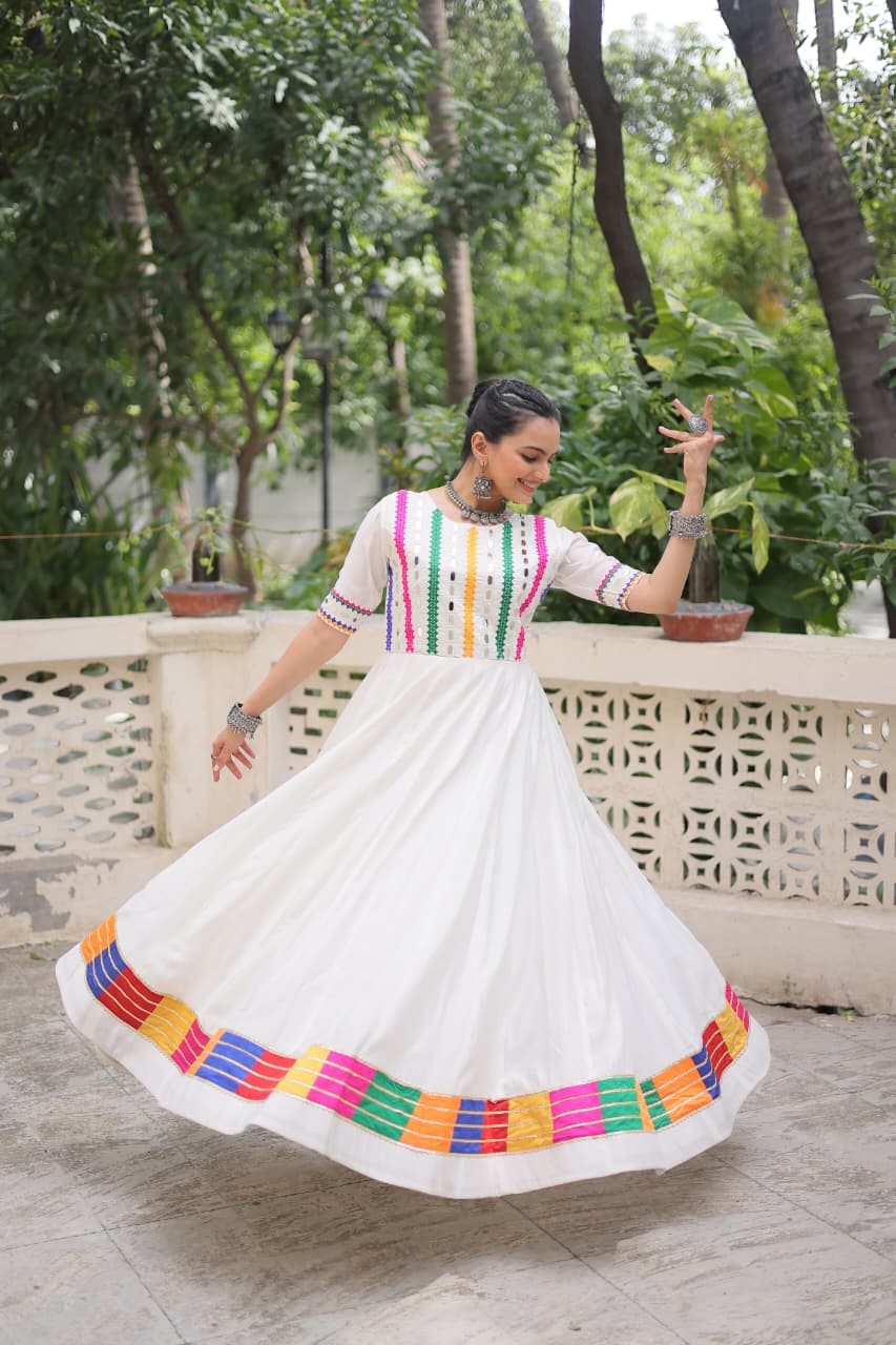 Womenline White Color Roman With Morror Work Navratri Gown