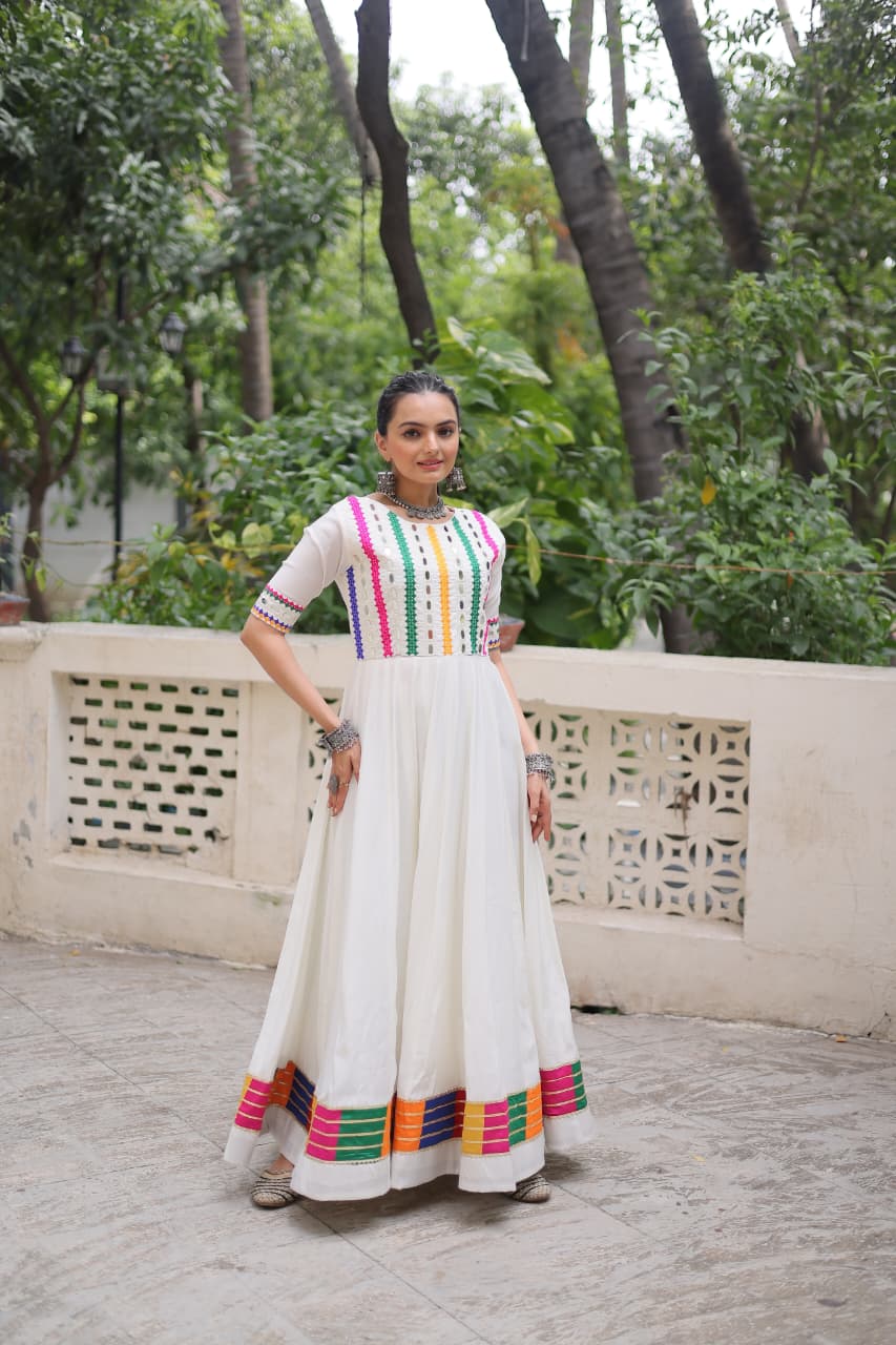 Womenline White Color Roman With Morror Work Navratri Gown