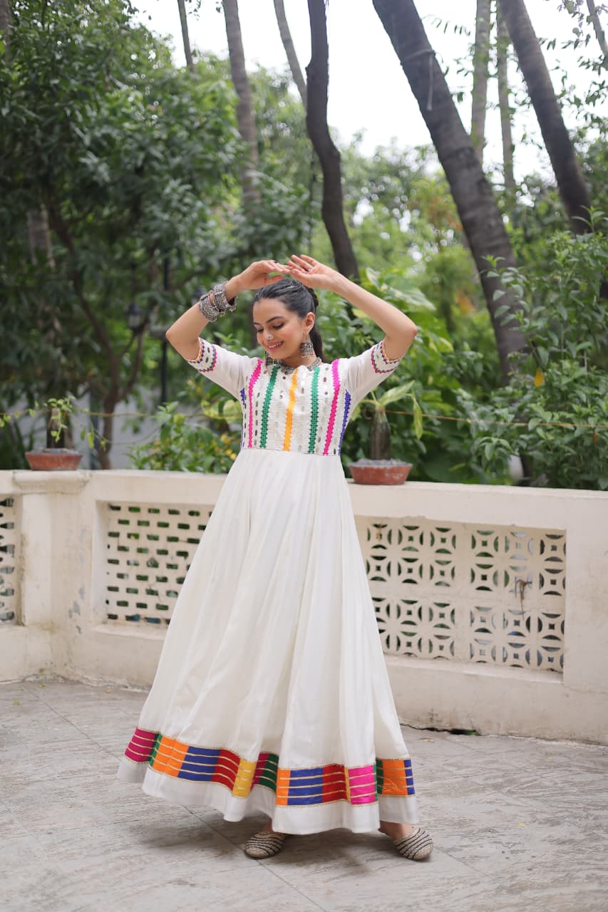 Womenline White Color Roman With Morror Work Navratri Gown