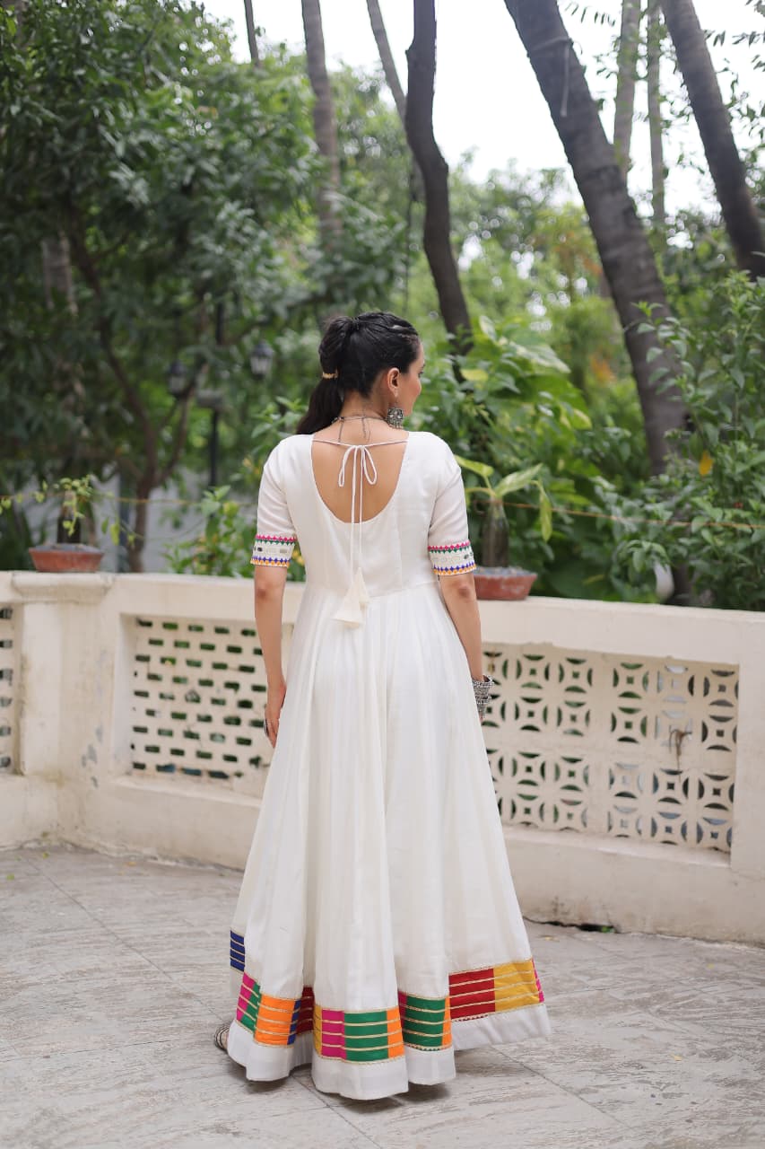 Womenline White Color Roman With Morror Work Navratri Gown