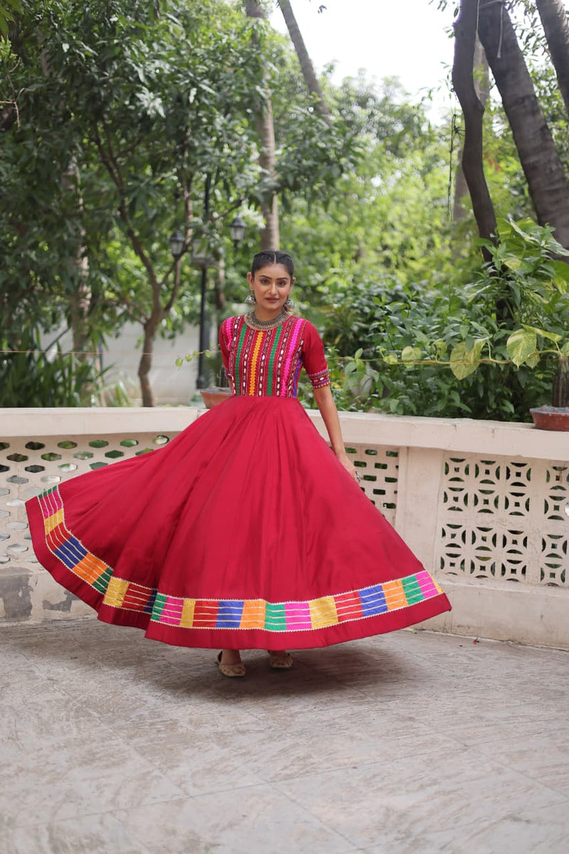Womenline Red Color Roman With Mirror Work Navratri Gown