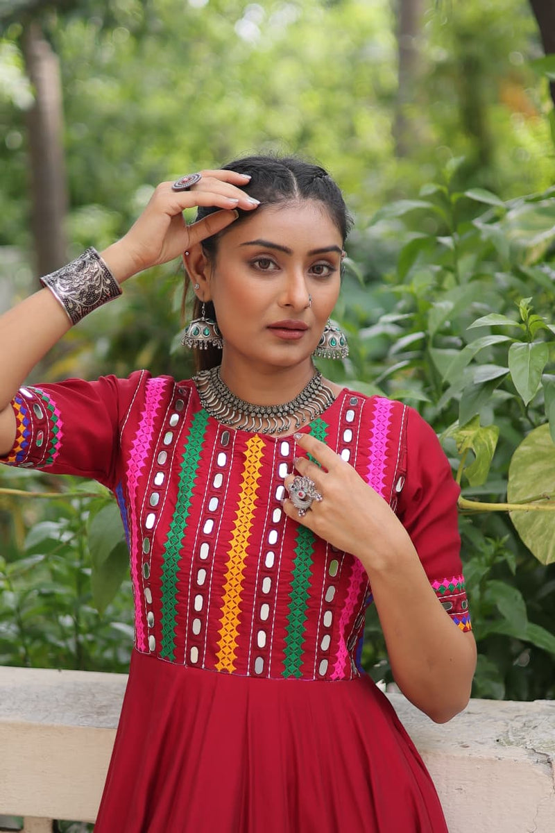 Womenline Red Color Roman With Mirror Work Navratri Gown