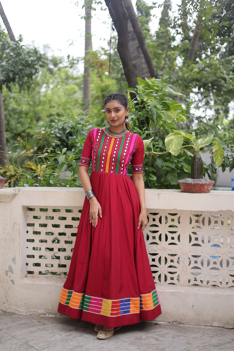 Womenline Red Color Roman With Mirror Work Navratri Gown