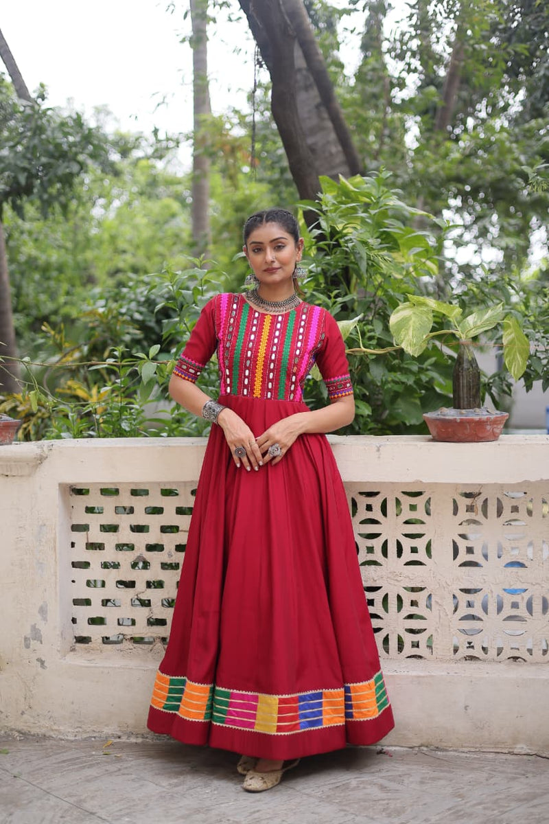 Womenline Red Color Roman With Mirror Work Navratri Gown