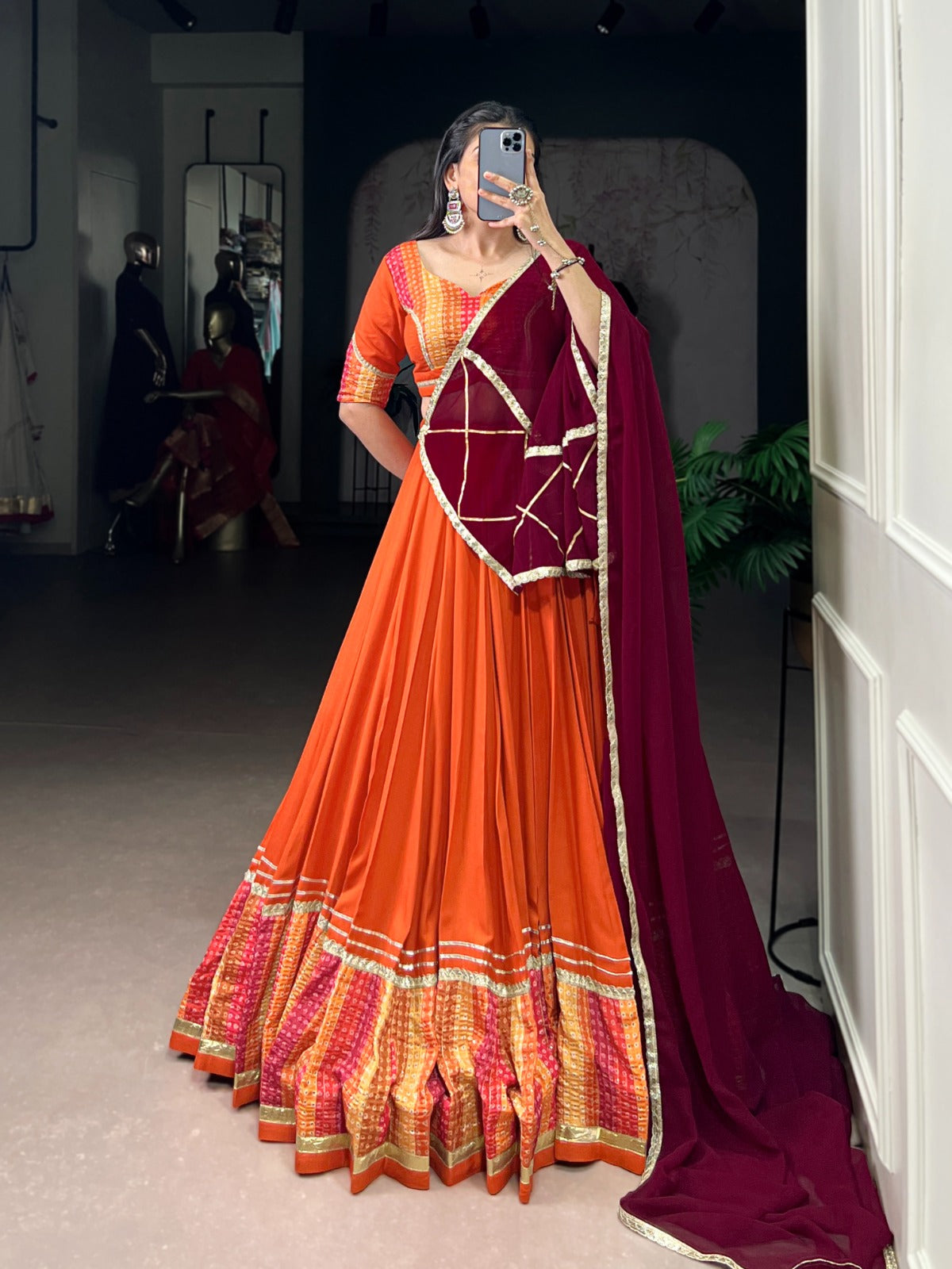 Womenline Orange Color Rayon Navratri Lehenga Choli