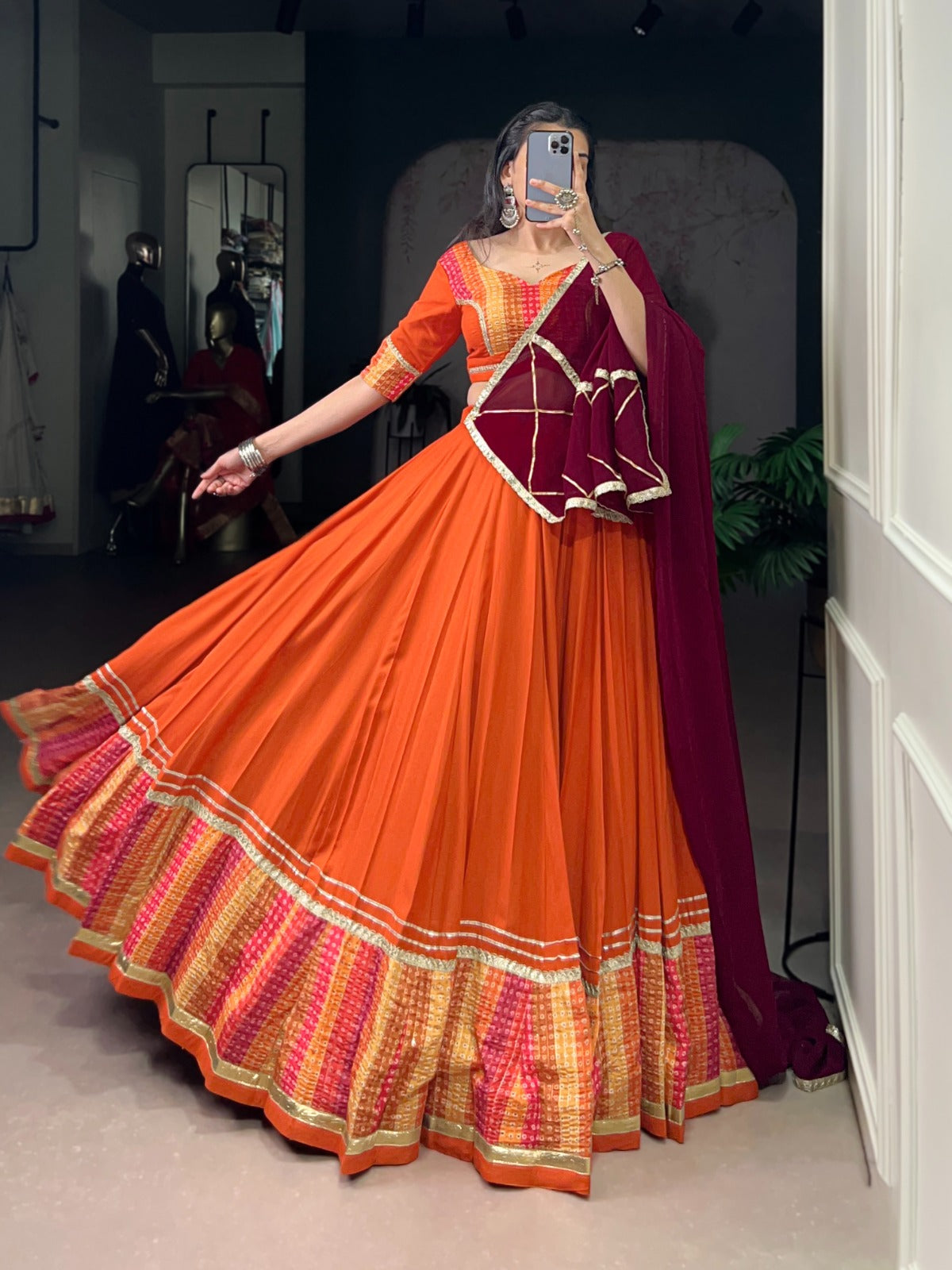 Womenline Orange Color Rayon Navratri Lehenga Choli