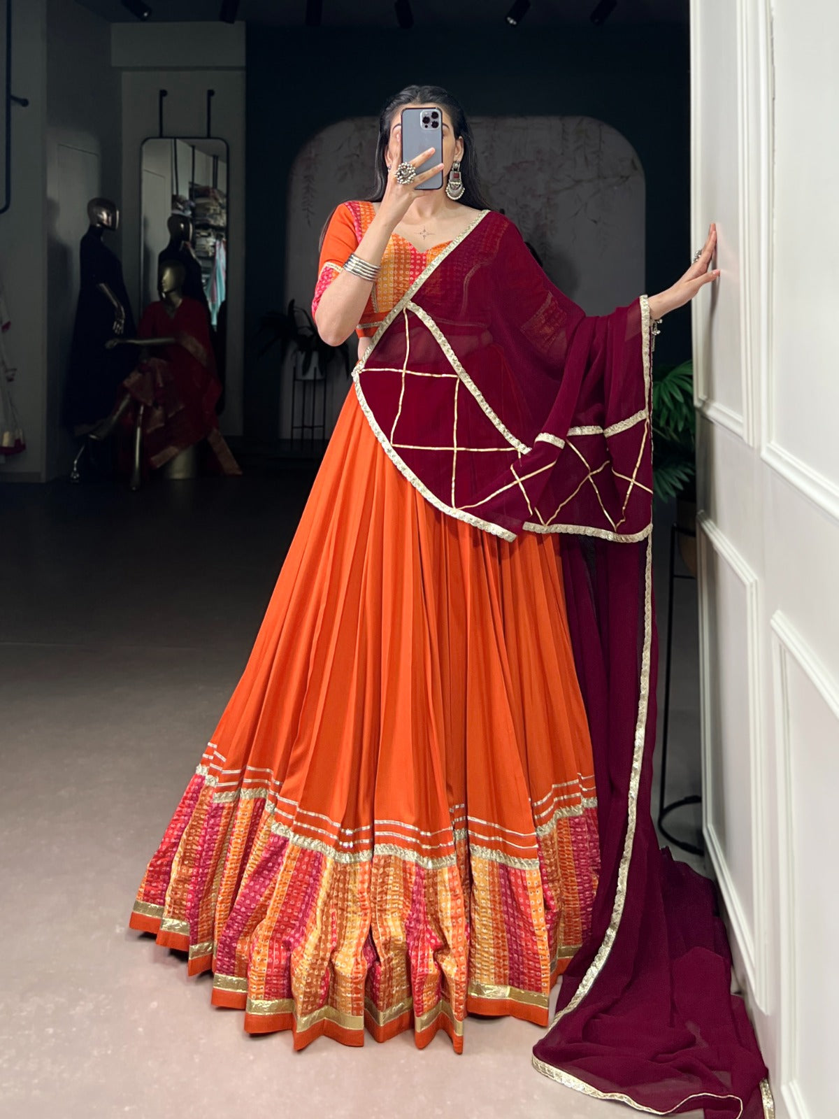 Womenline Orange Color Rayon Navratri Lehenga Choli