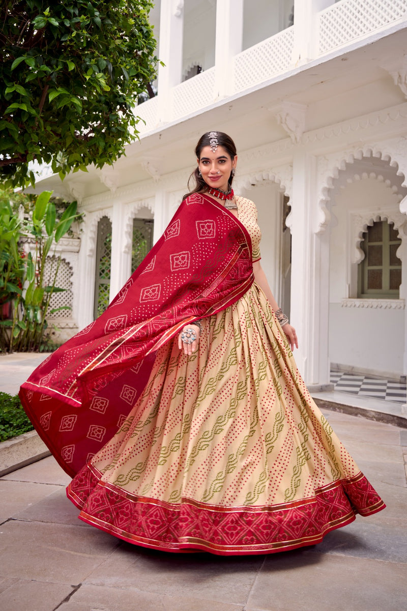 Womenline Elegant Off-White Color Tussar Silk Bandhej Navratri Lehenga Choli