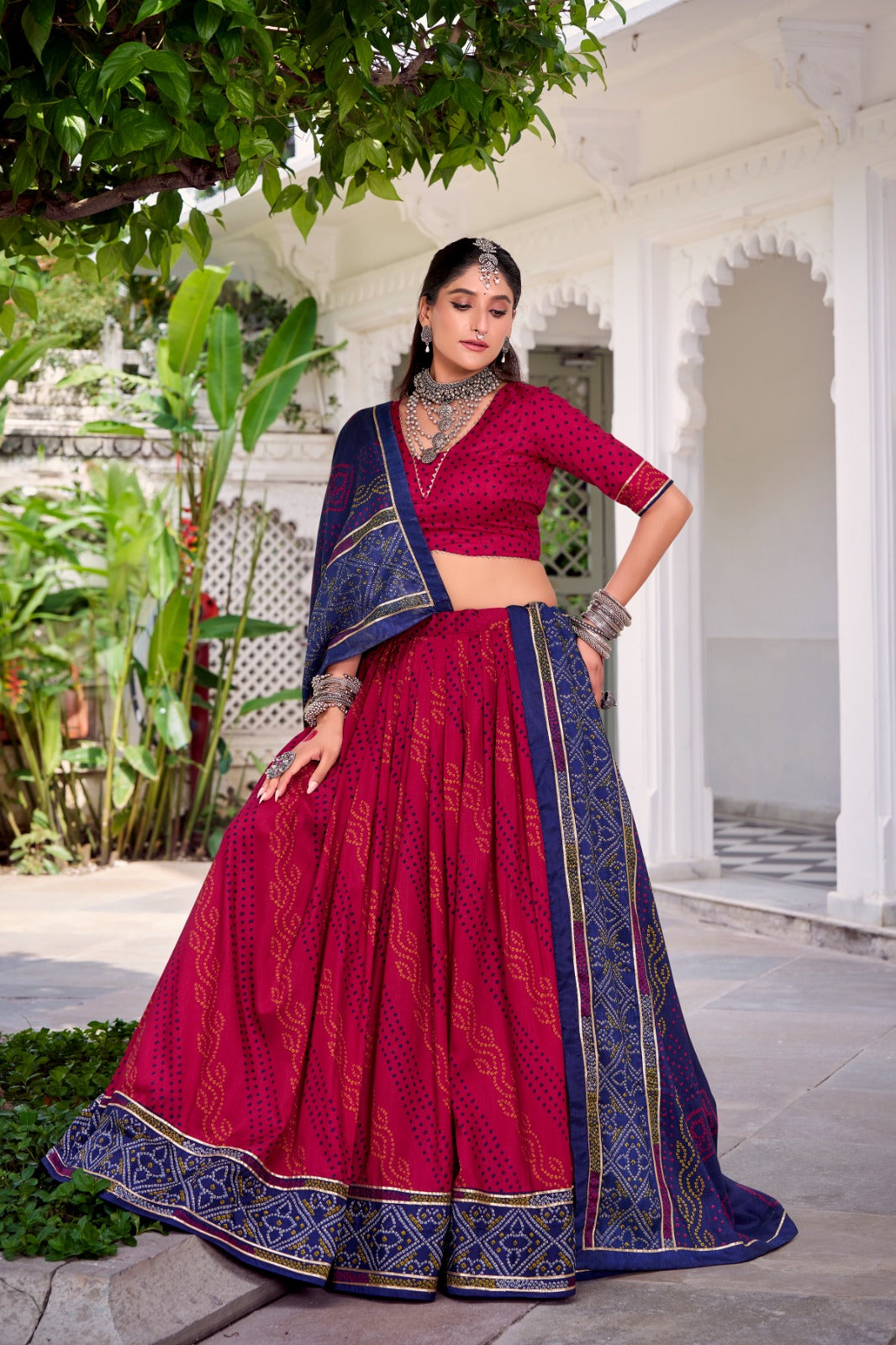 Womenline Elegant Pink Color Tussar Silk Bandhej Navratri Lehenga Choli