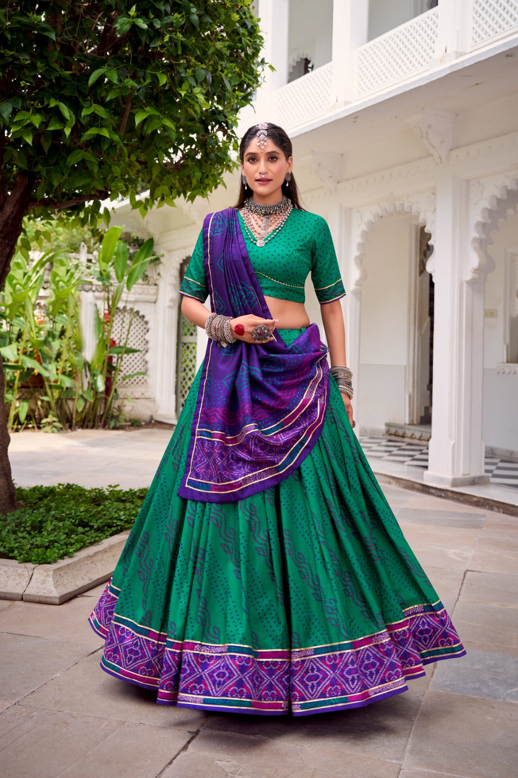 Womenline Elegant Green Color Tussar Silk Bandhej Navratri Lehenga Choli