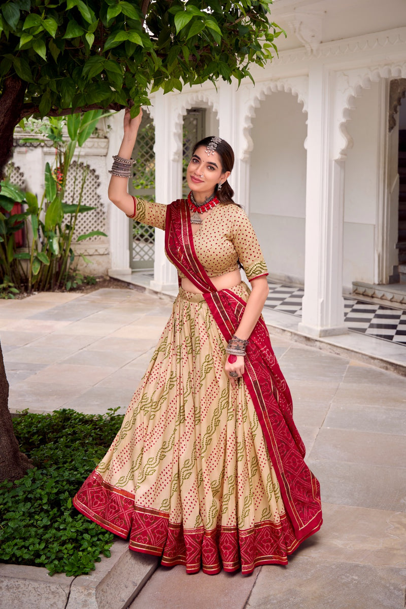 Womenline Elegant Off-White Color Tussar Silk Bandhej Navratri Lehenga Choli