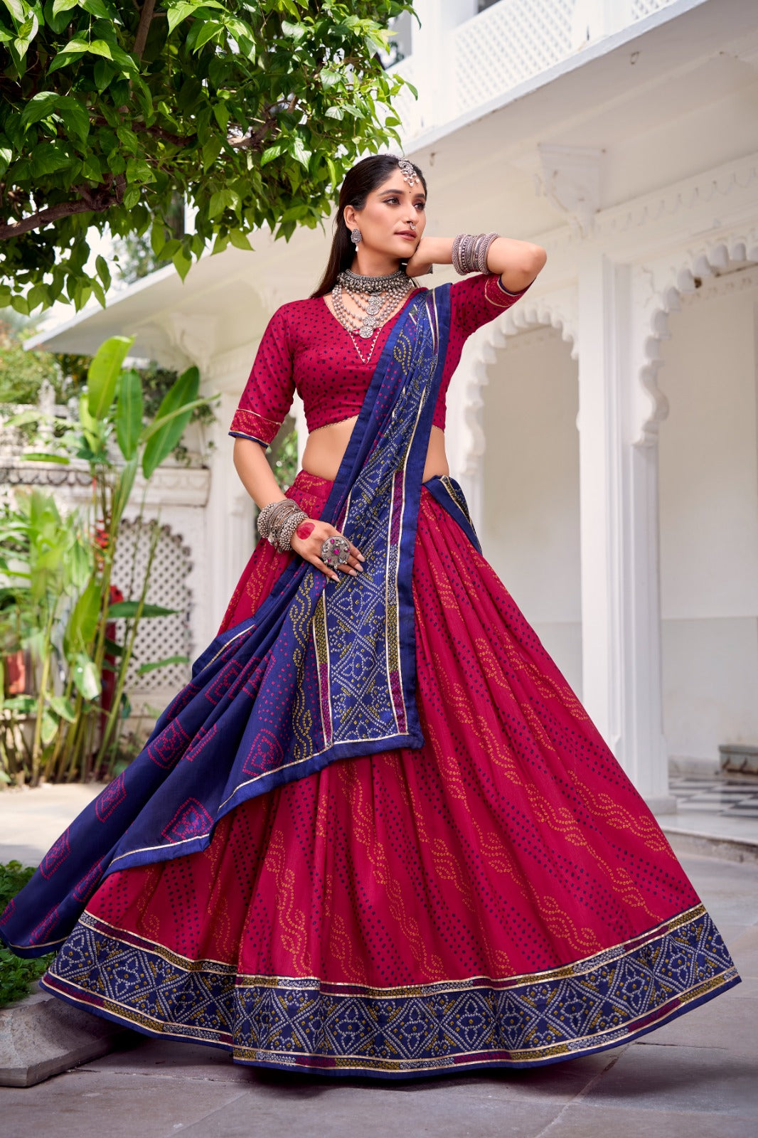 Womenline Elegant Pink Color Tussar Silk Bandhej Navratri Lehenga Choli