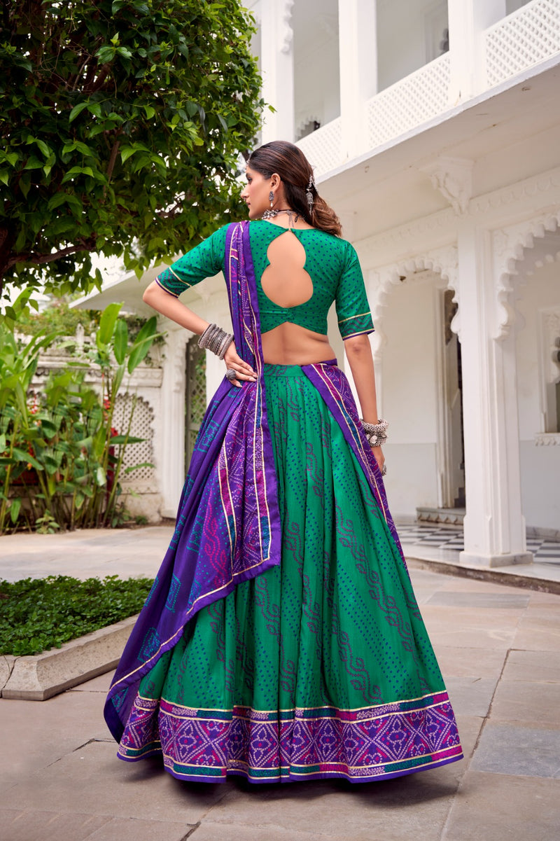 Womenline Elegant Green Color Tussar Silk Bandhej Navratri Lehenga Choli