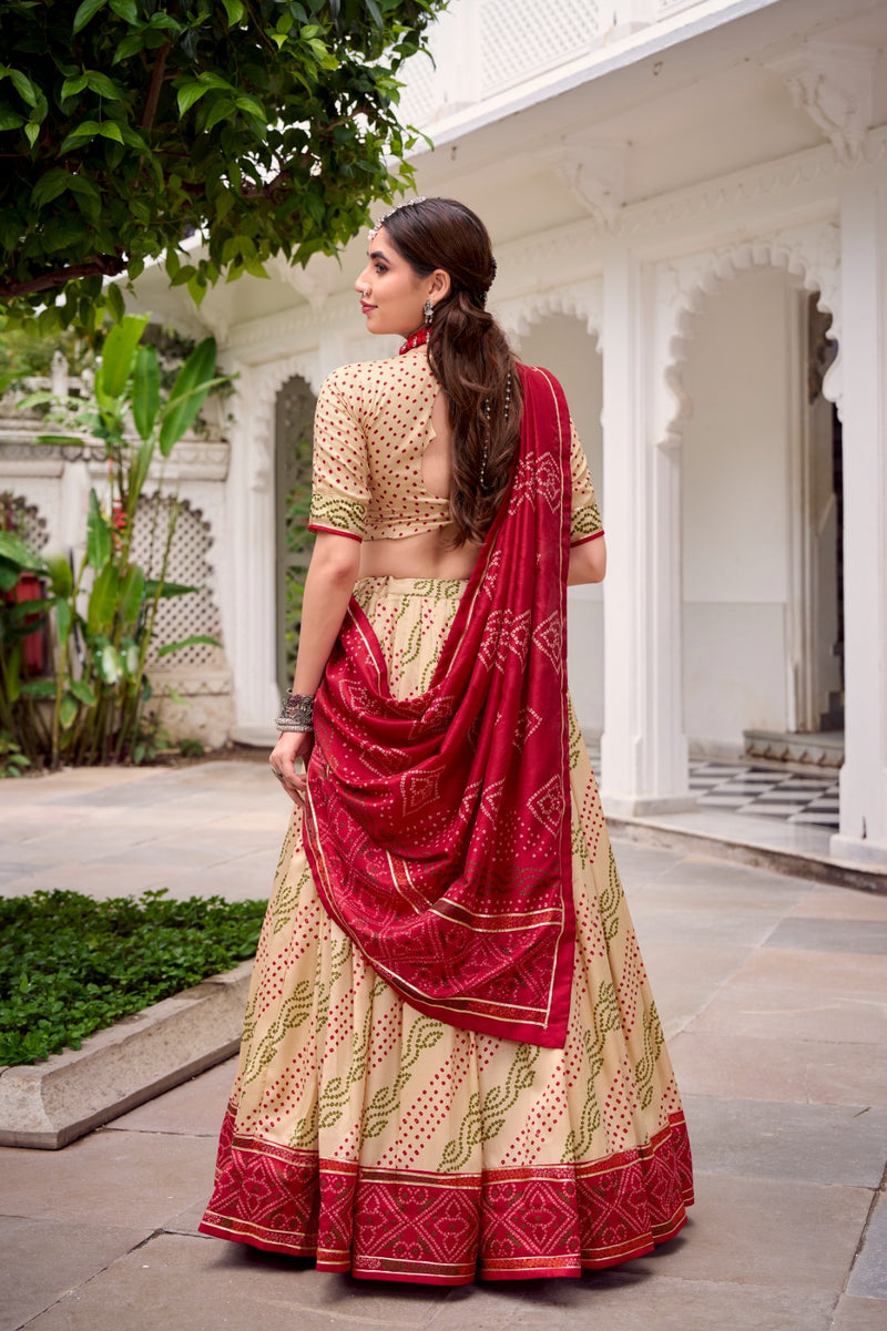 Womenline Elegant Off-White Color Tussar Silk Bandhej Navratri Lehenga Choli