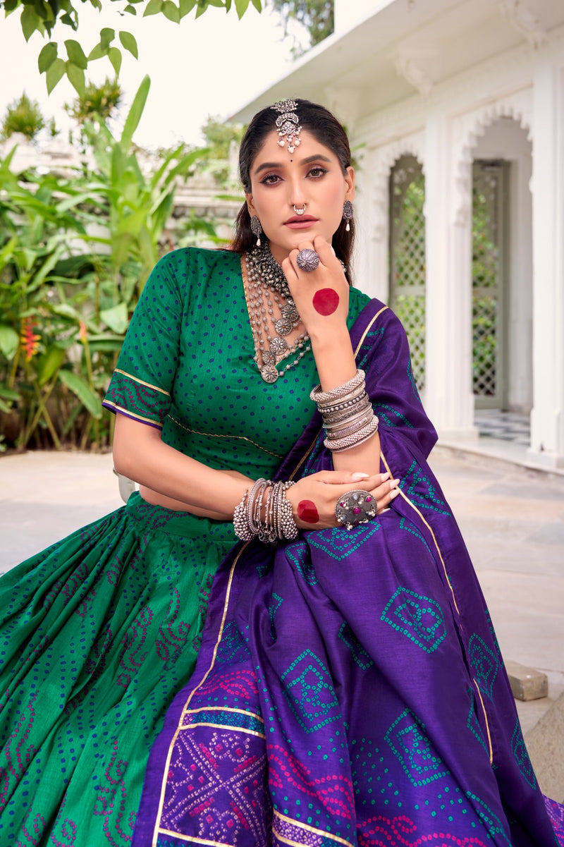 Womenline Elegant Green Color Tussar Silk Bandhej Navratri Lehenga Choli