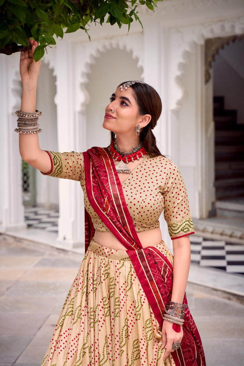 Womenline Elegant Off-White Color Tussar Silk Bandhej Navratri Lehenga Choli
