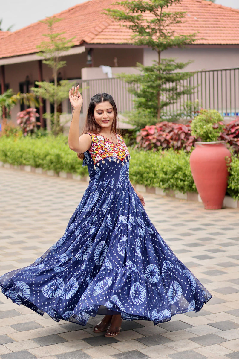 Womenline Blue Color Georgette Gamthi Work Navratri Gown