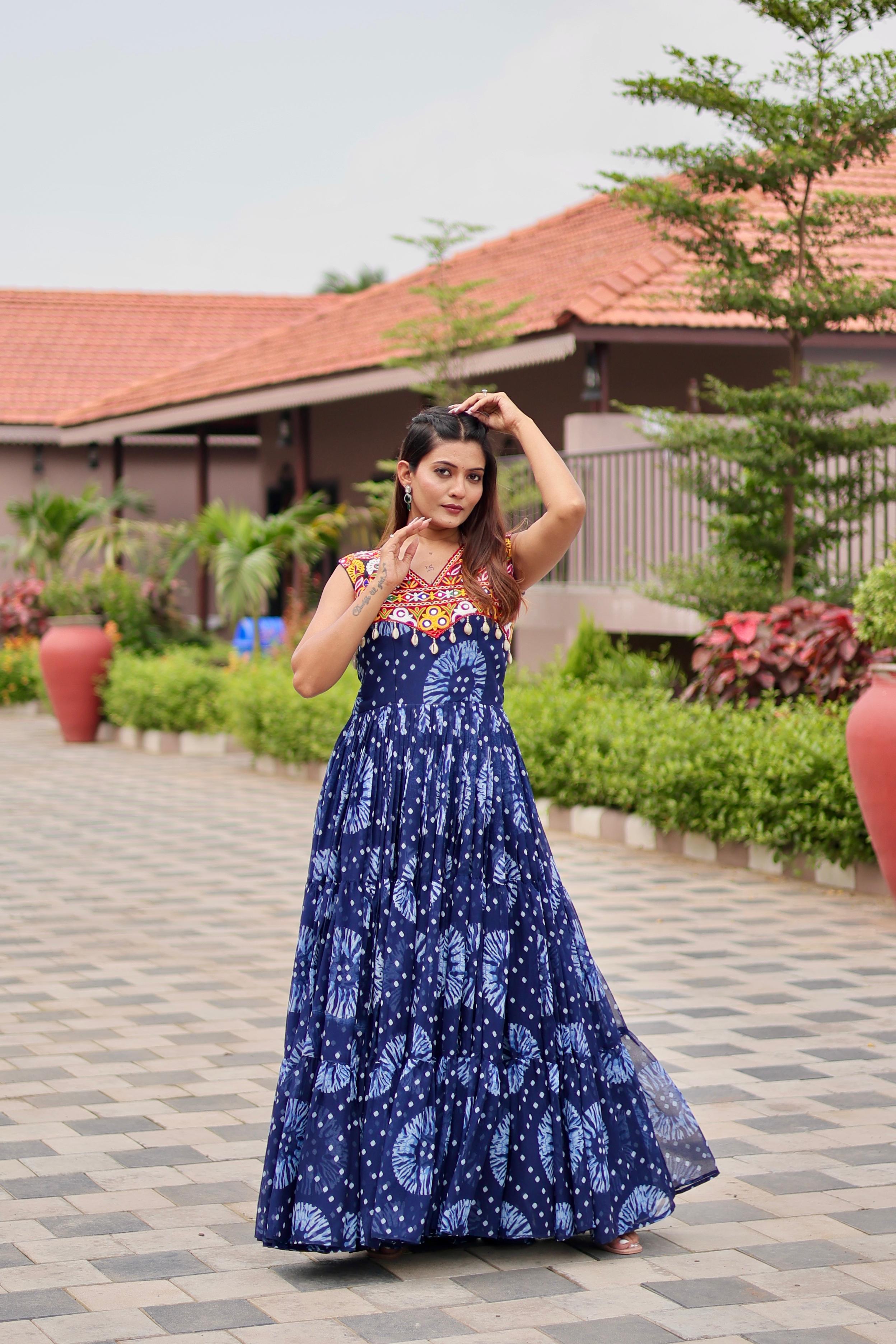 Womenline Blue Color Georgette Gamthi Work Navratri Gown