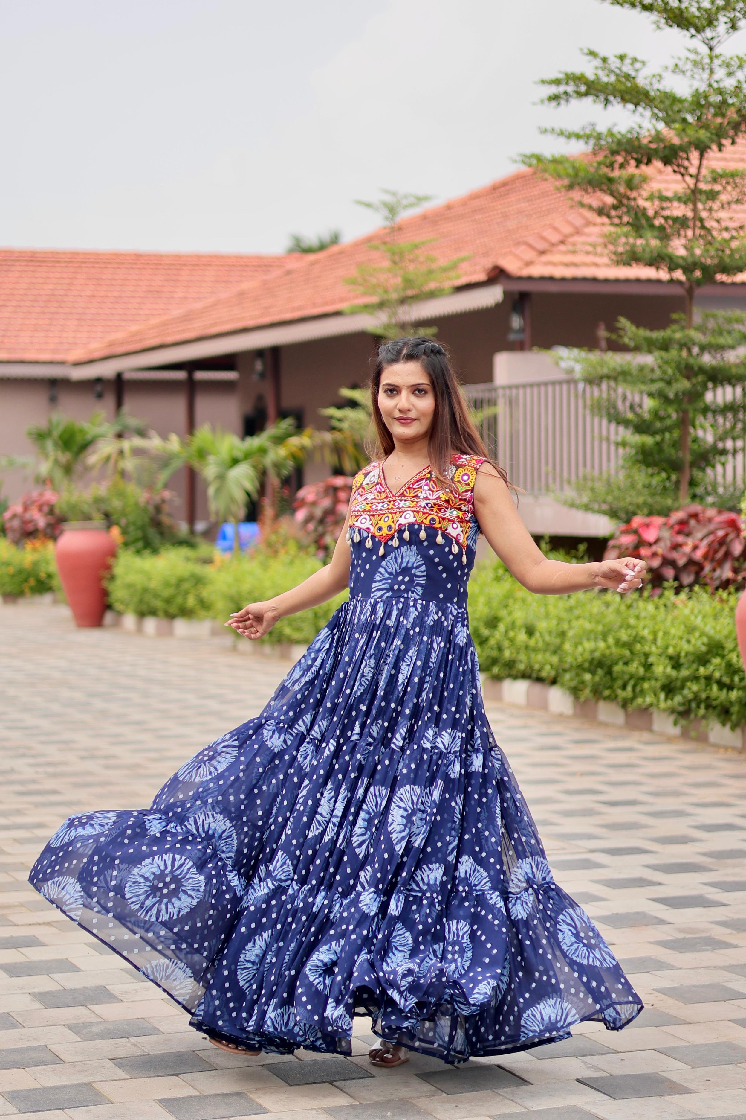 Womenline Blue Color Georgette Gamthi Work Navratri Gown