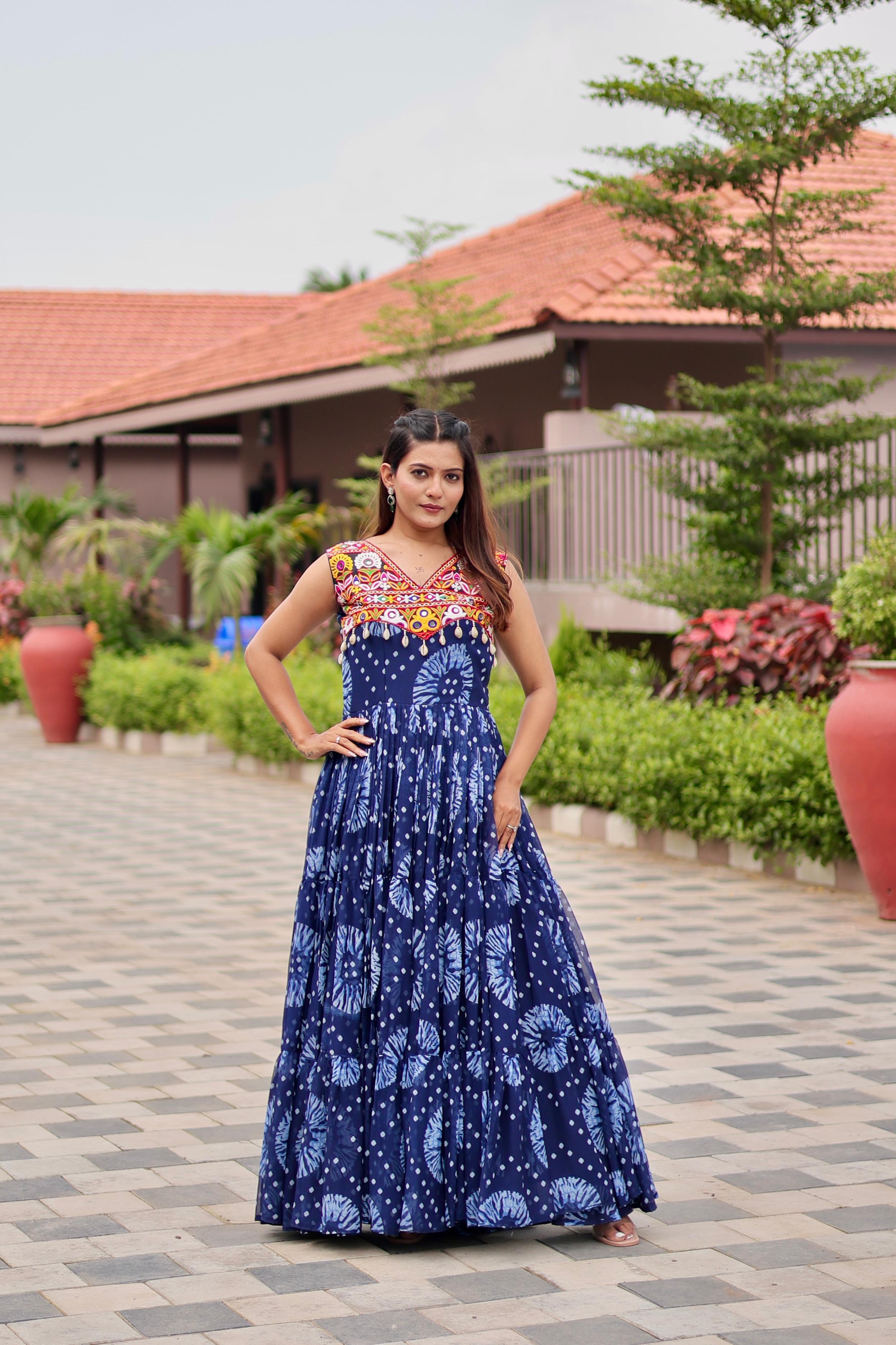 Womenline Blue Color Georgette Gamthi Work Navratri Gown