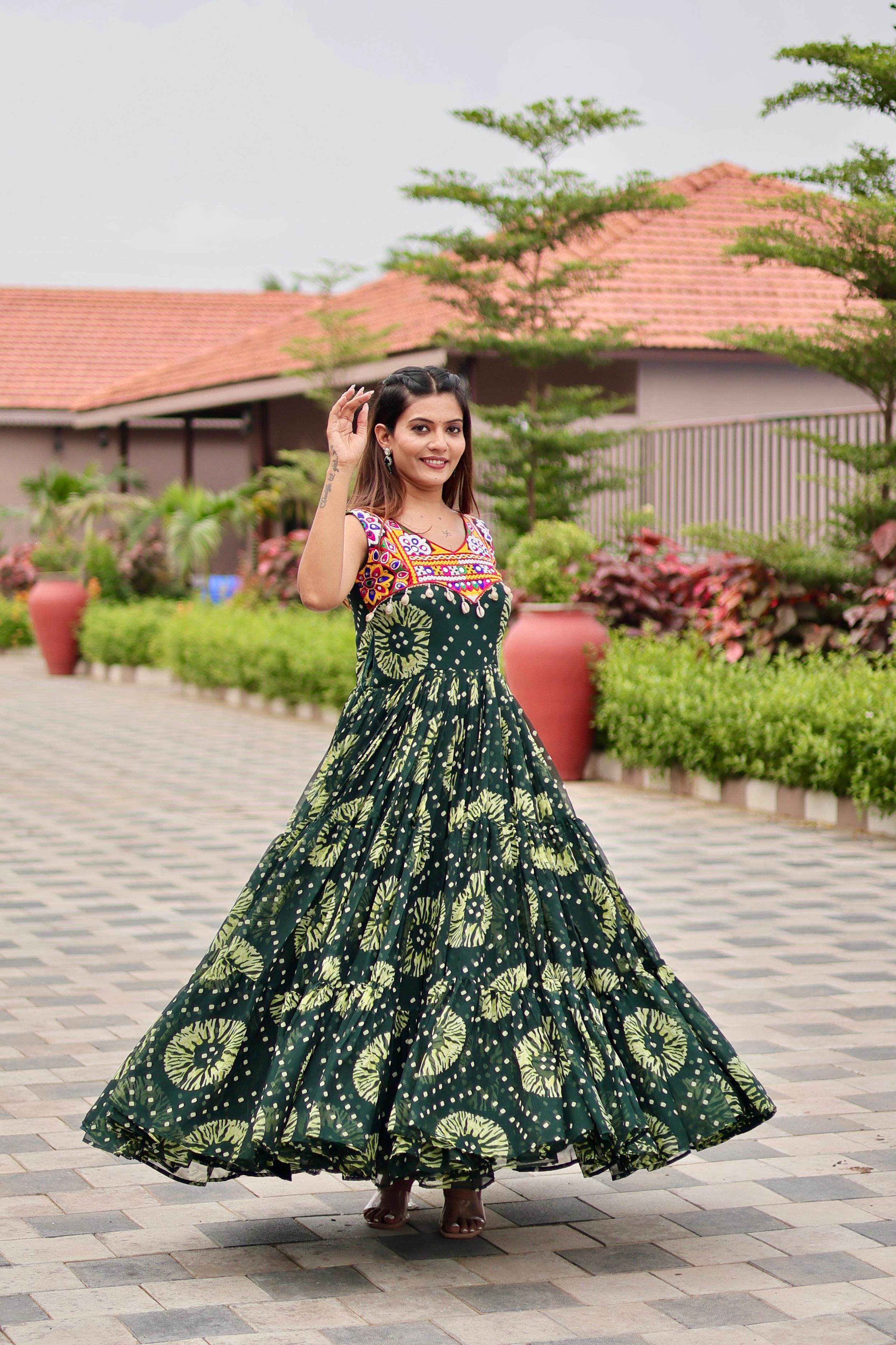 Womenline Green Color Georgette Gamthi Work Navratri Gown