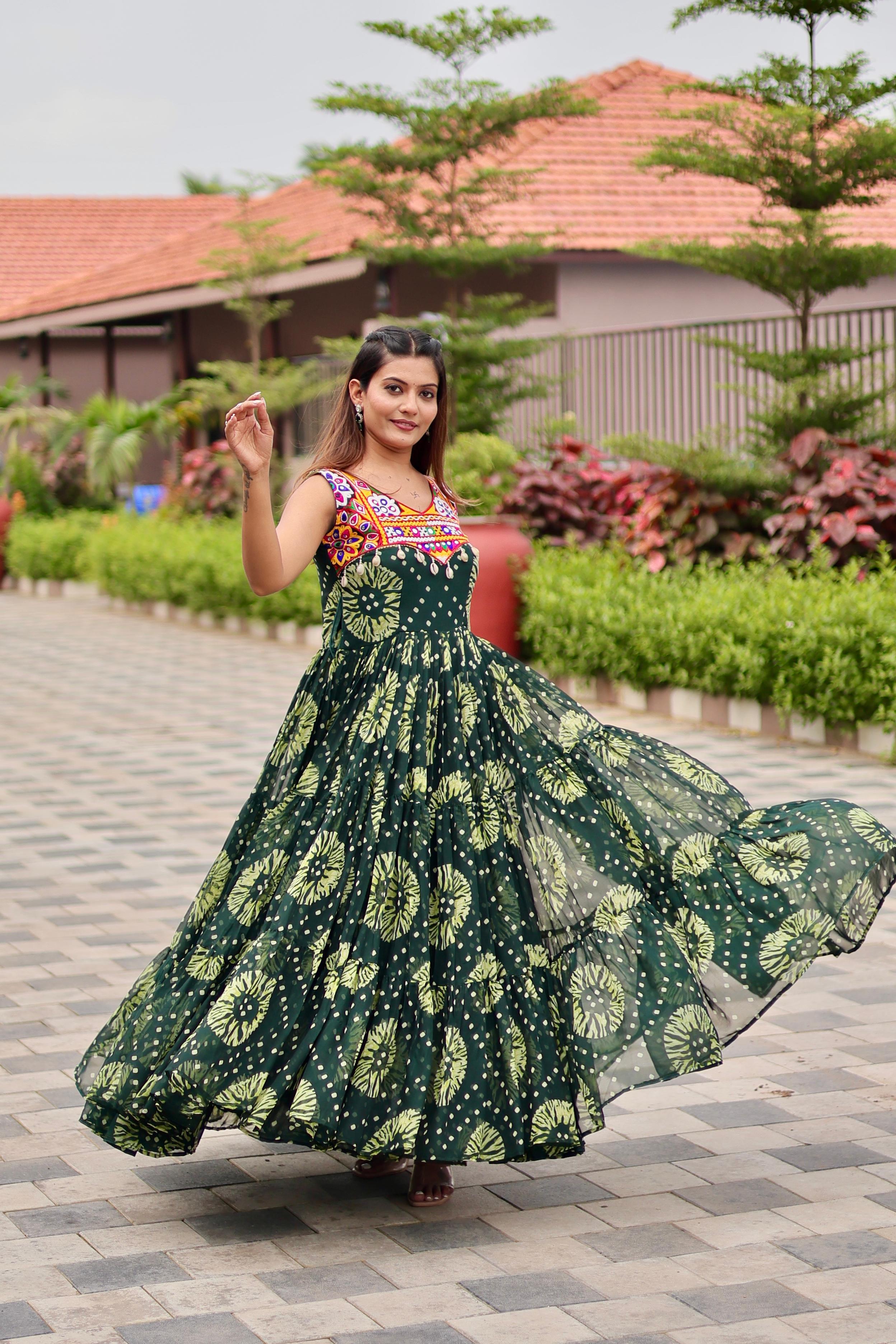 Womenline Green Color Georgette Gamthi Work Navratri Gown