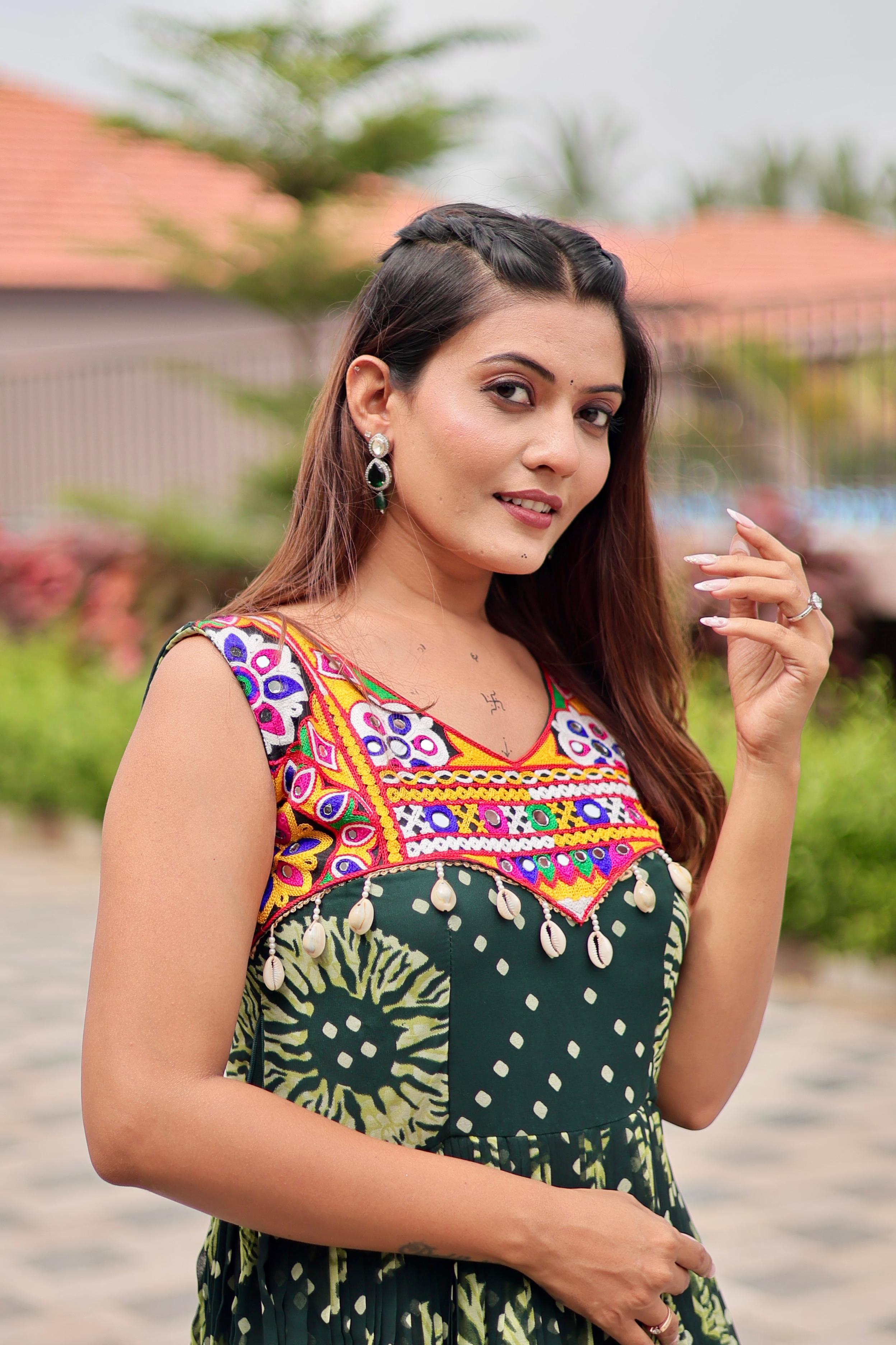 Womenline Green Color Georgette Gamthi Work Navratri Gown