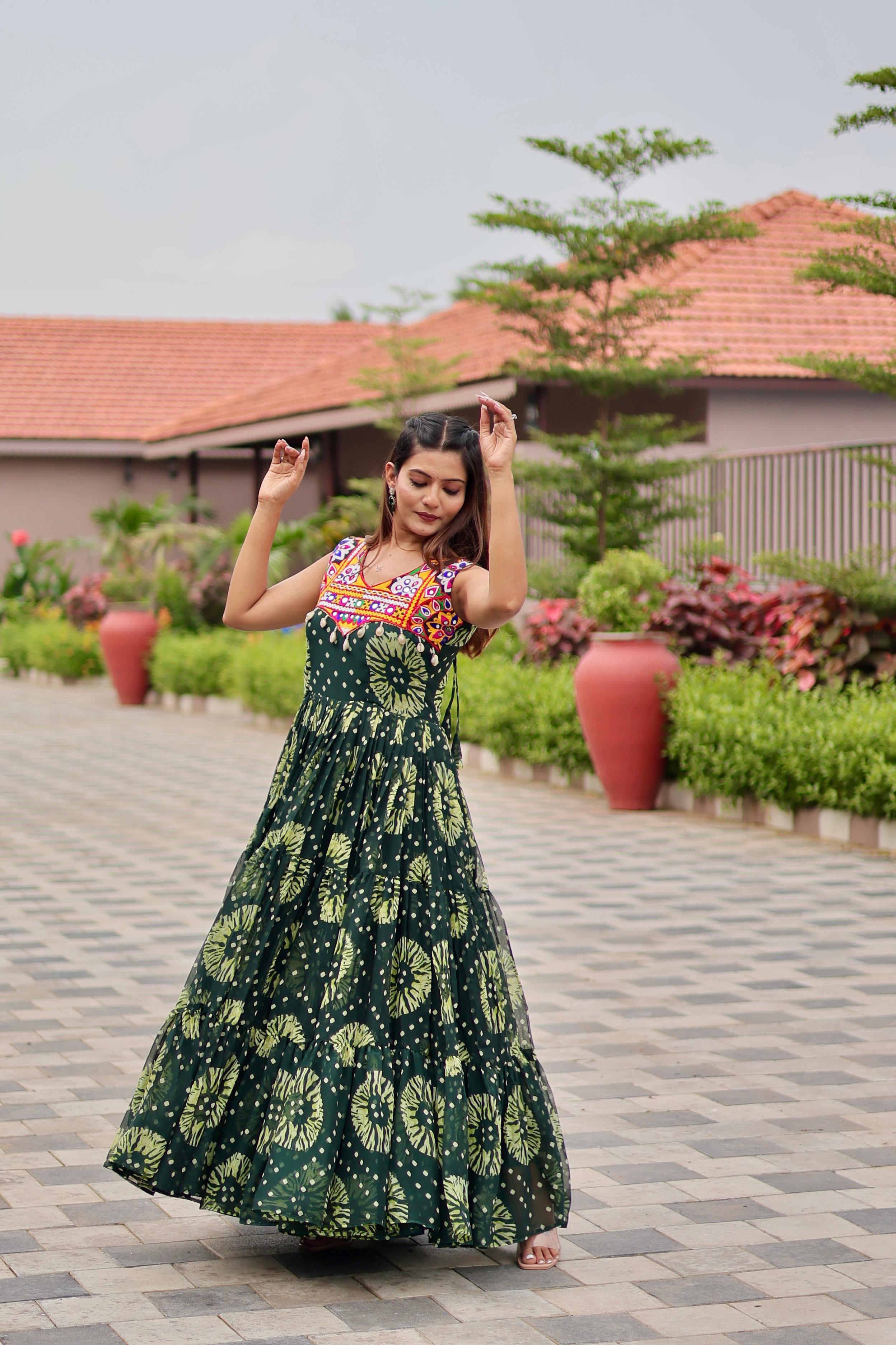 Womenline Green Color Georgette Gamthi Work Navratri Gown