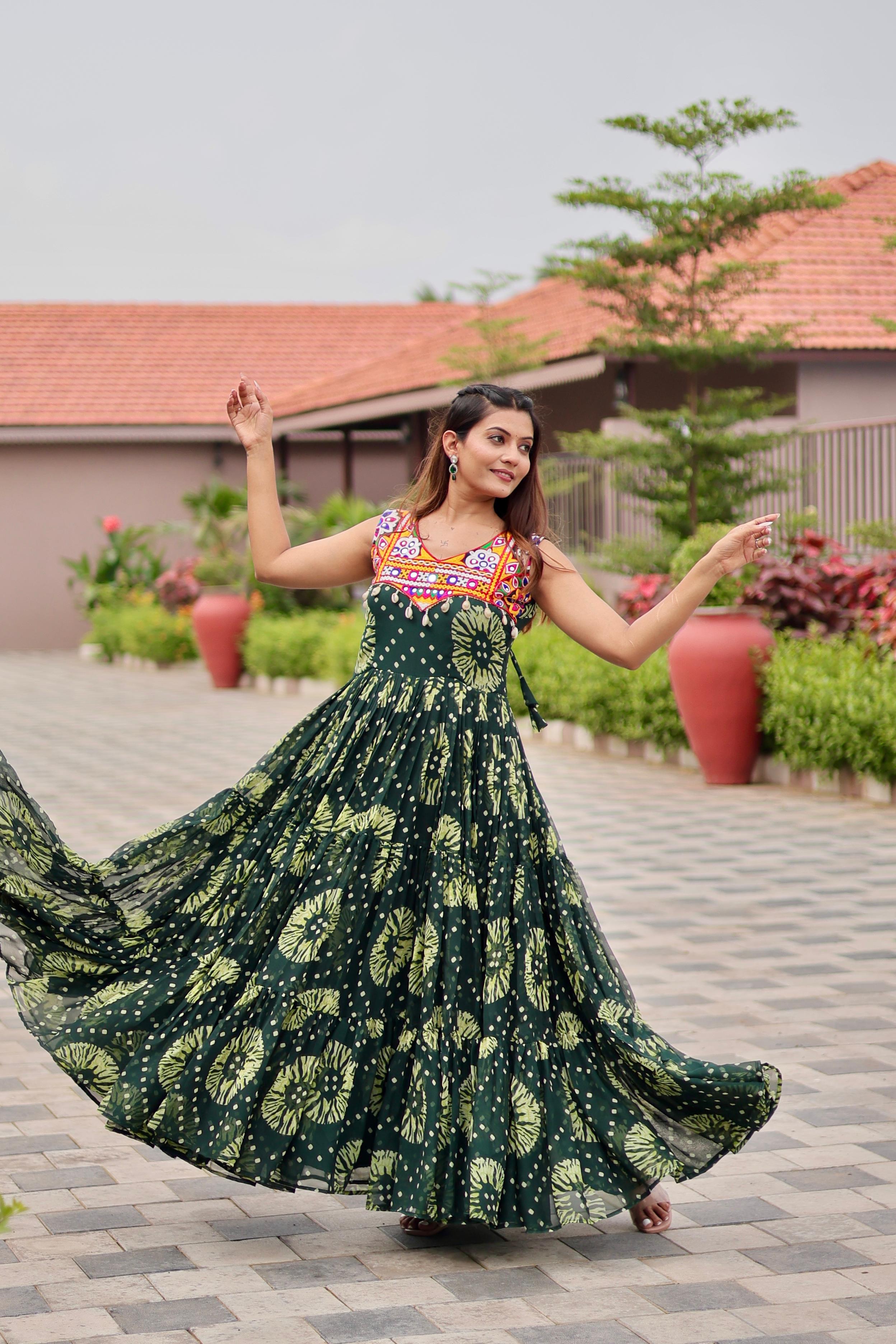 Womenline Green Color Georgette Gamthi Work Navratri Gown