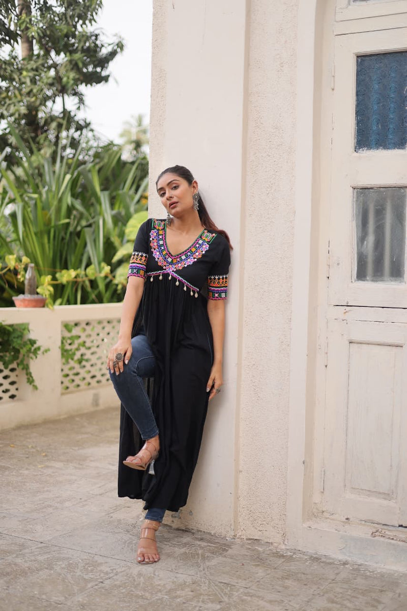 Womenline Black Color Reyon Navratri Kurti