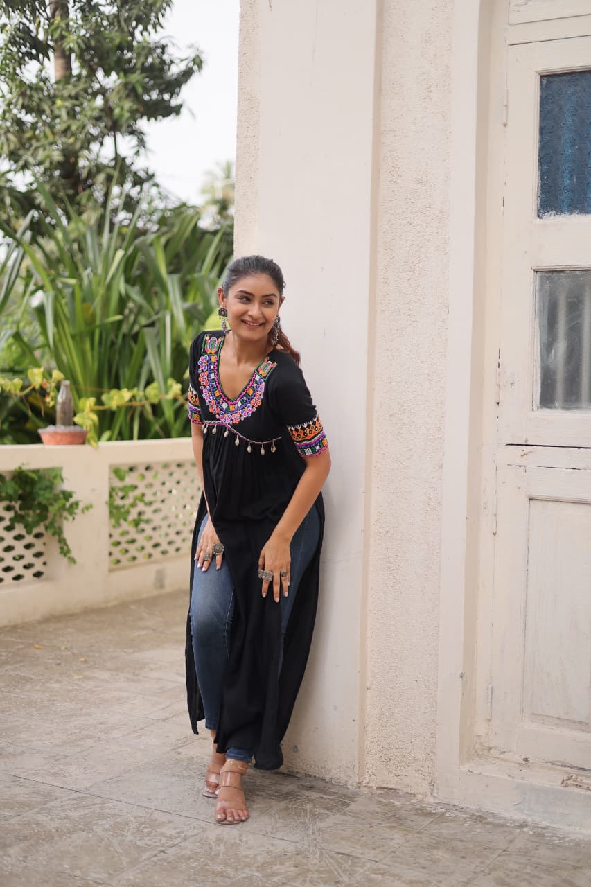 Womenline Black Color Reyon Navratri Kurti