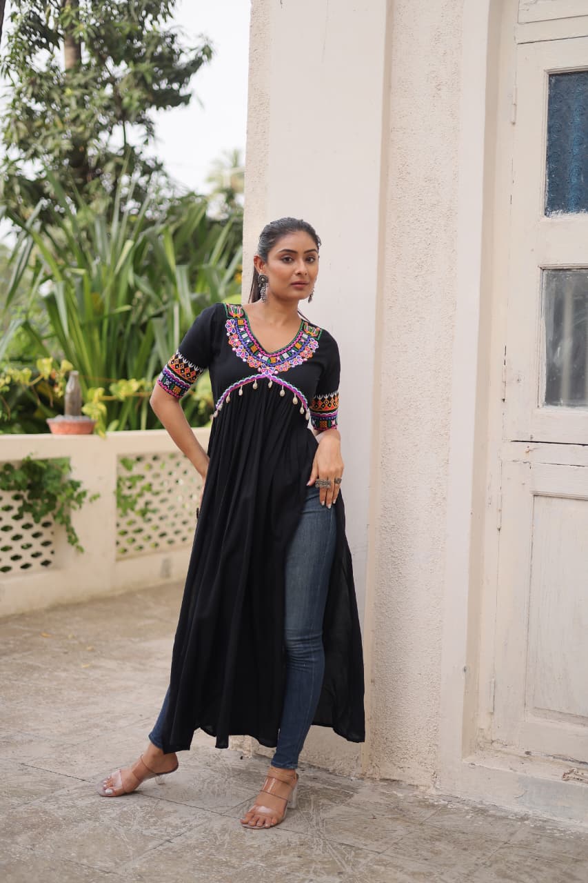 Womenline Black Color Reyon Navratri Kurti
