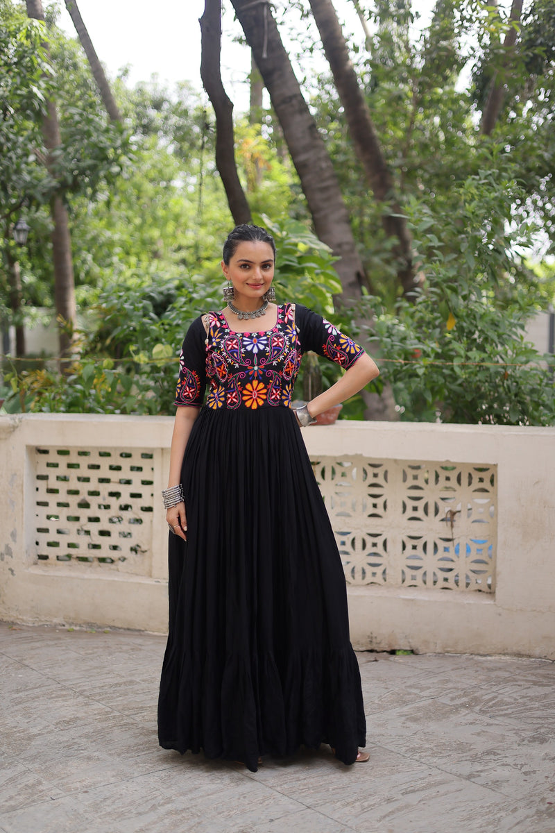 Womenline Black Color Reyon Navratri Gown