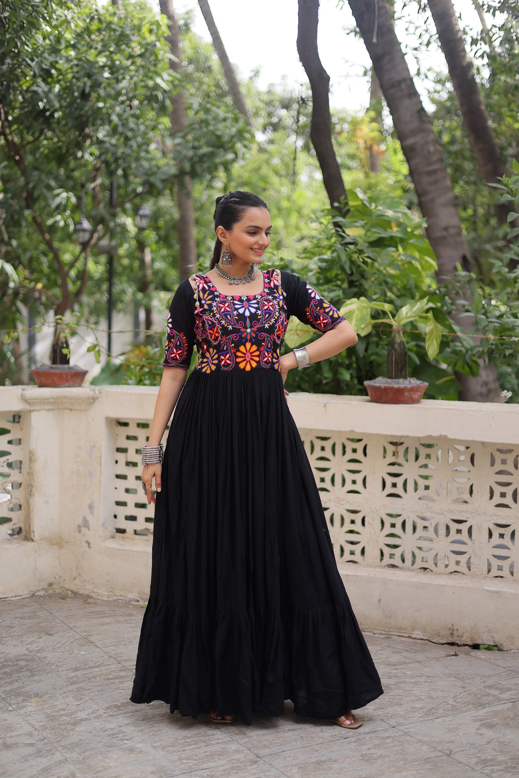 Womenline Black Color Reyon Navratri Gown