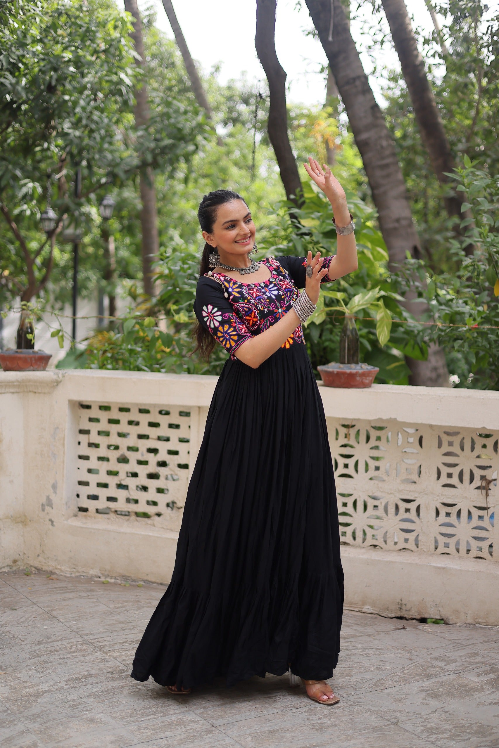 Womenline Black Color Reyon Navratri Gown