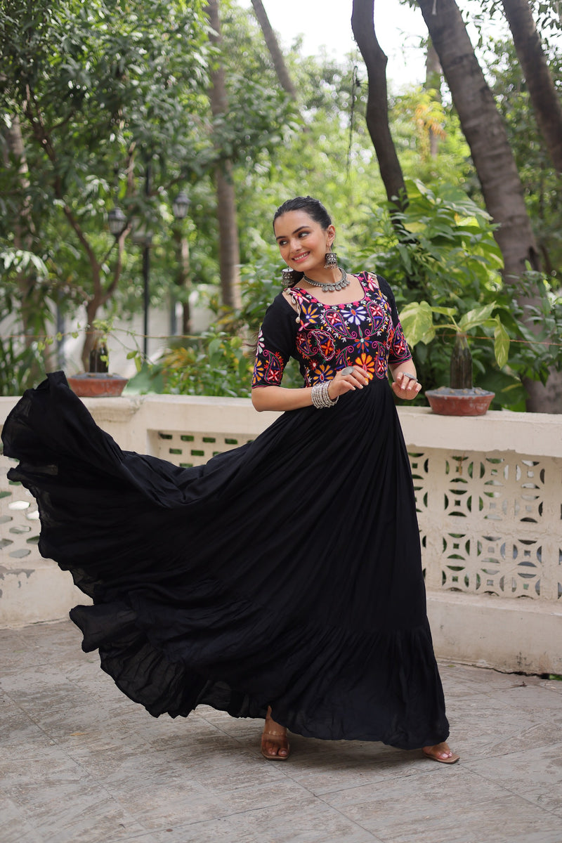 Womenline Black Color Reyon Navratri Gown