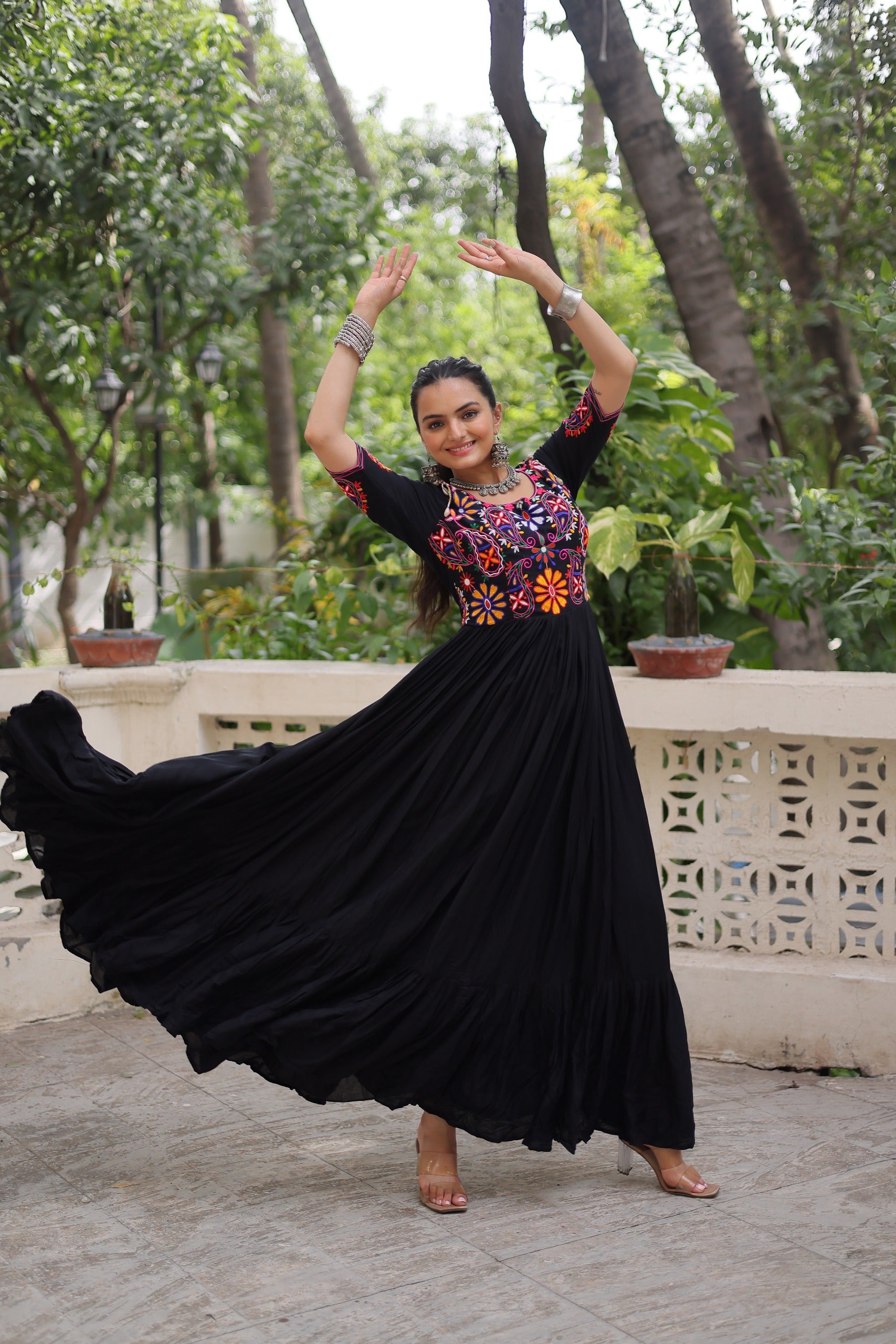 Womenline Black Color Reyon Navratri Gown