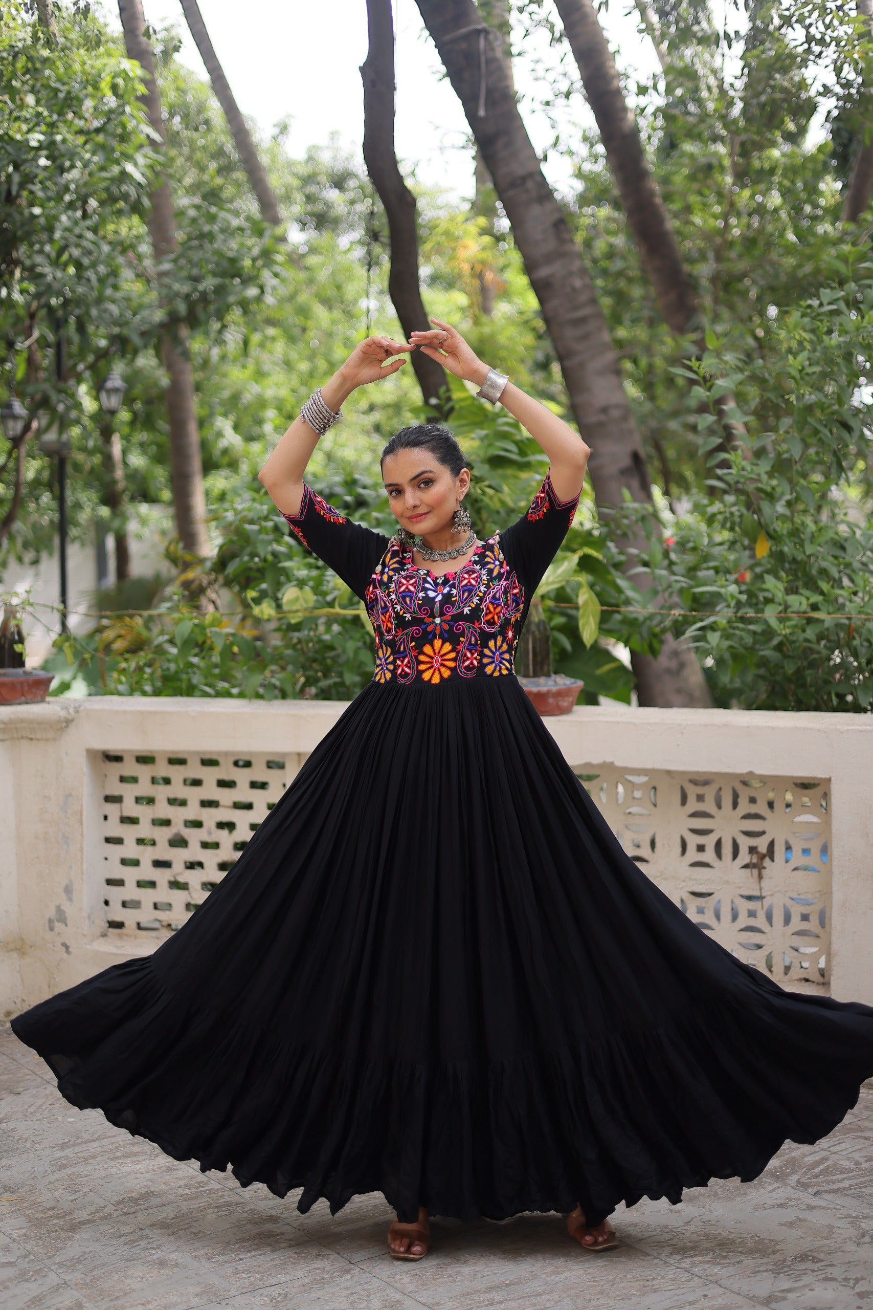 Womenline Black Color Reyon Navratri Gown