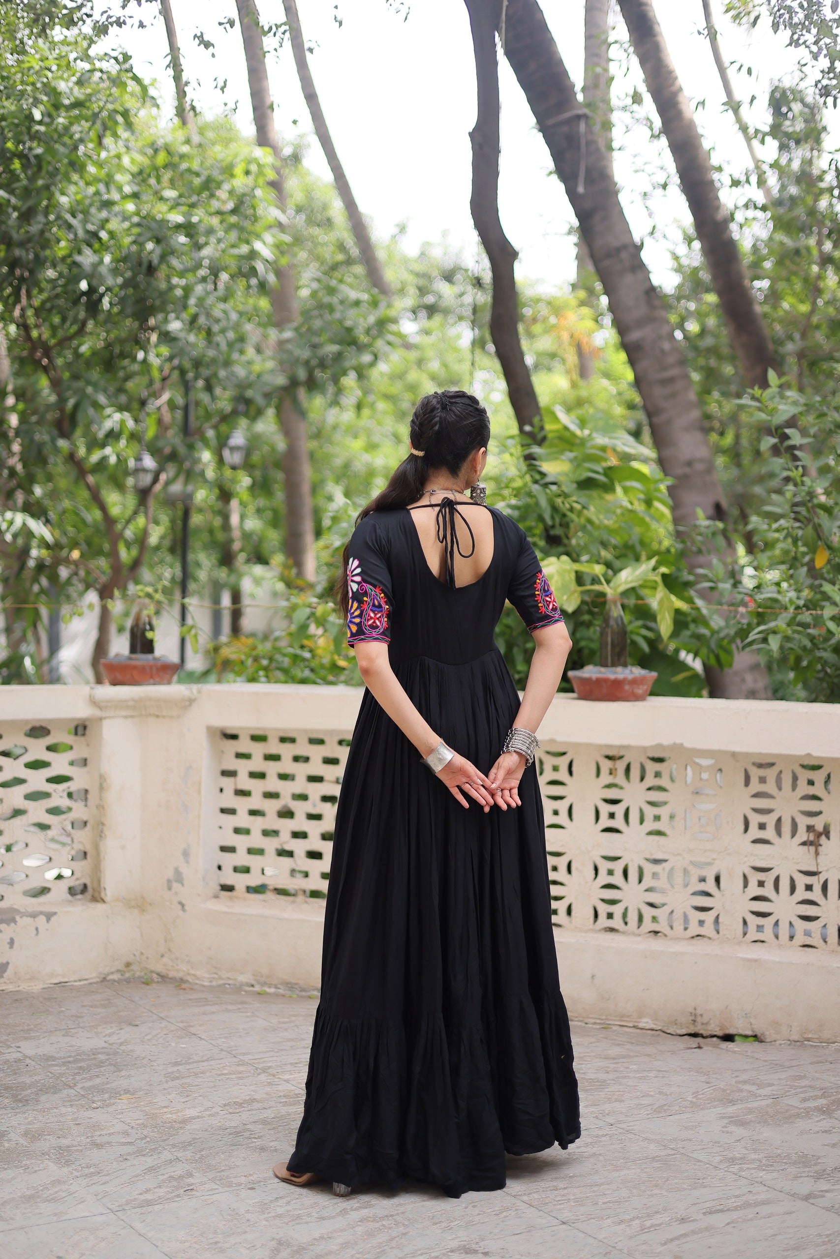 Womenline Black Color Reyon Navratri Gown