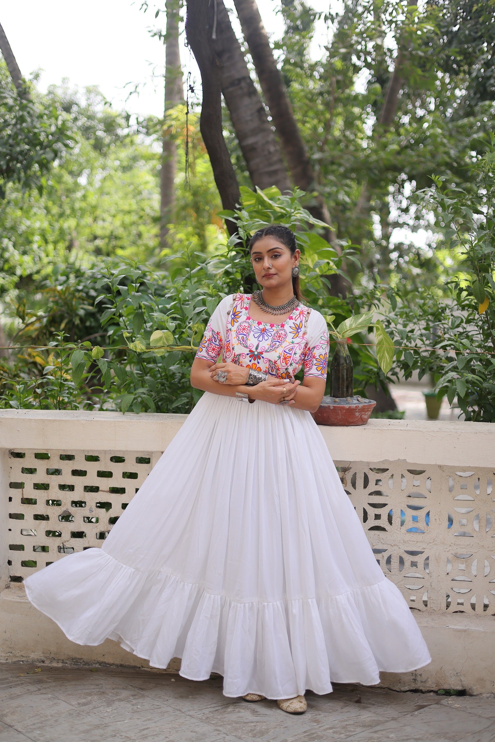 Womenline White Color Reyon Navratri Gown