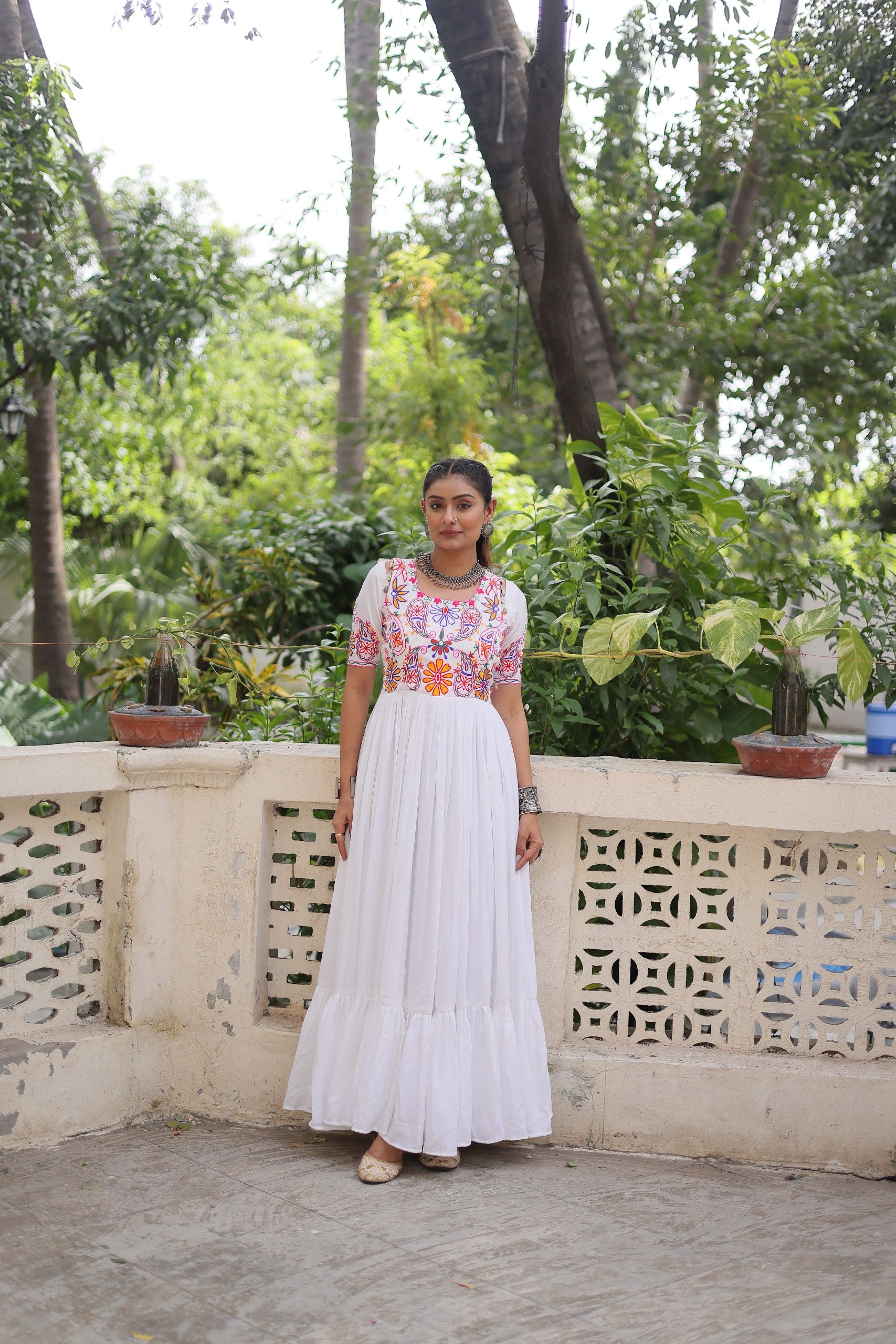 Womenline White Color Reyon Navratri Gown